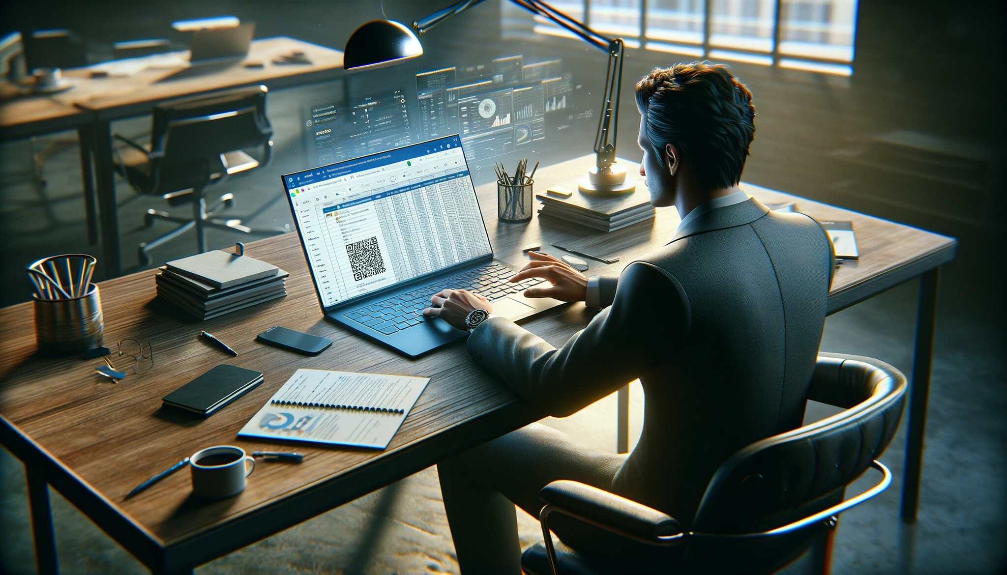 Marketer at a laptop reviewing a Google Sheets and Excel tab side by side showing generated QR codes next to data rows