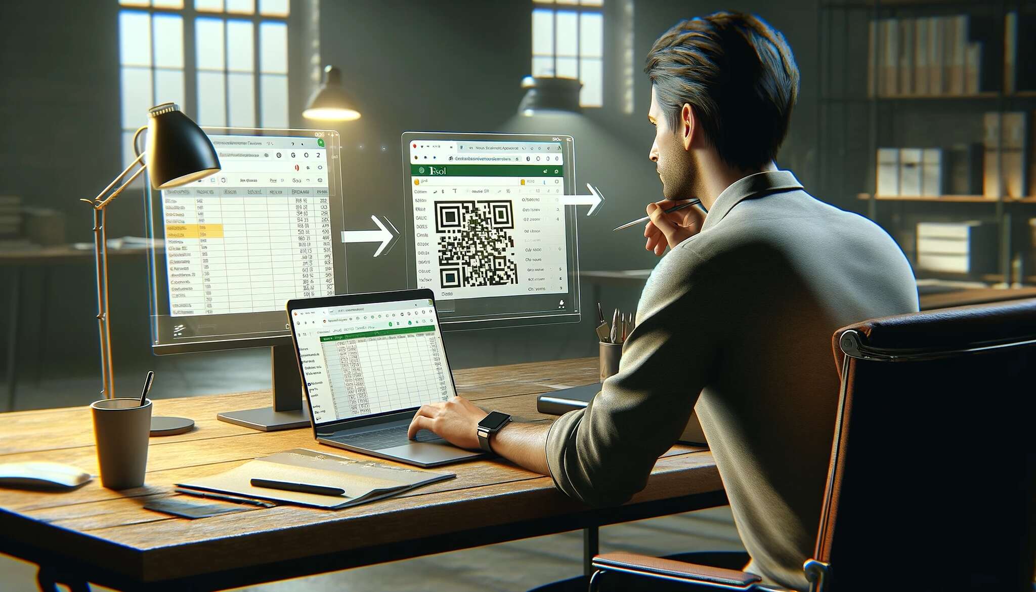 Marketer at a desk viewing Google Sheets and Excel side-by-side showing live QR code formulas