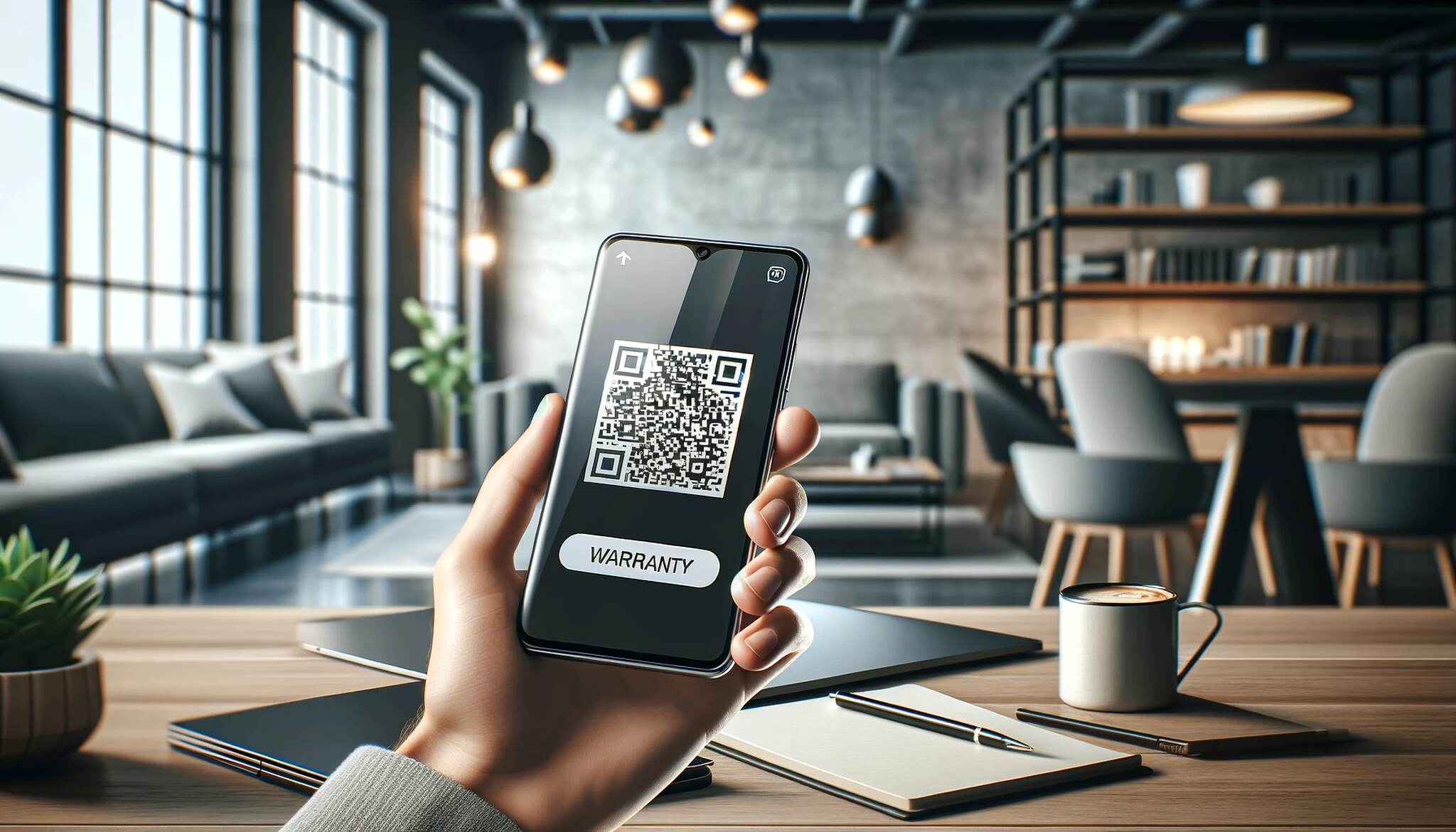 smartphone held by a person in a modern office setting, displaying a clear and detailed QR code for warranty
