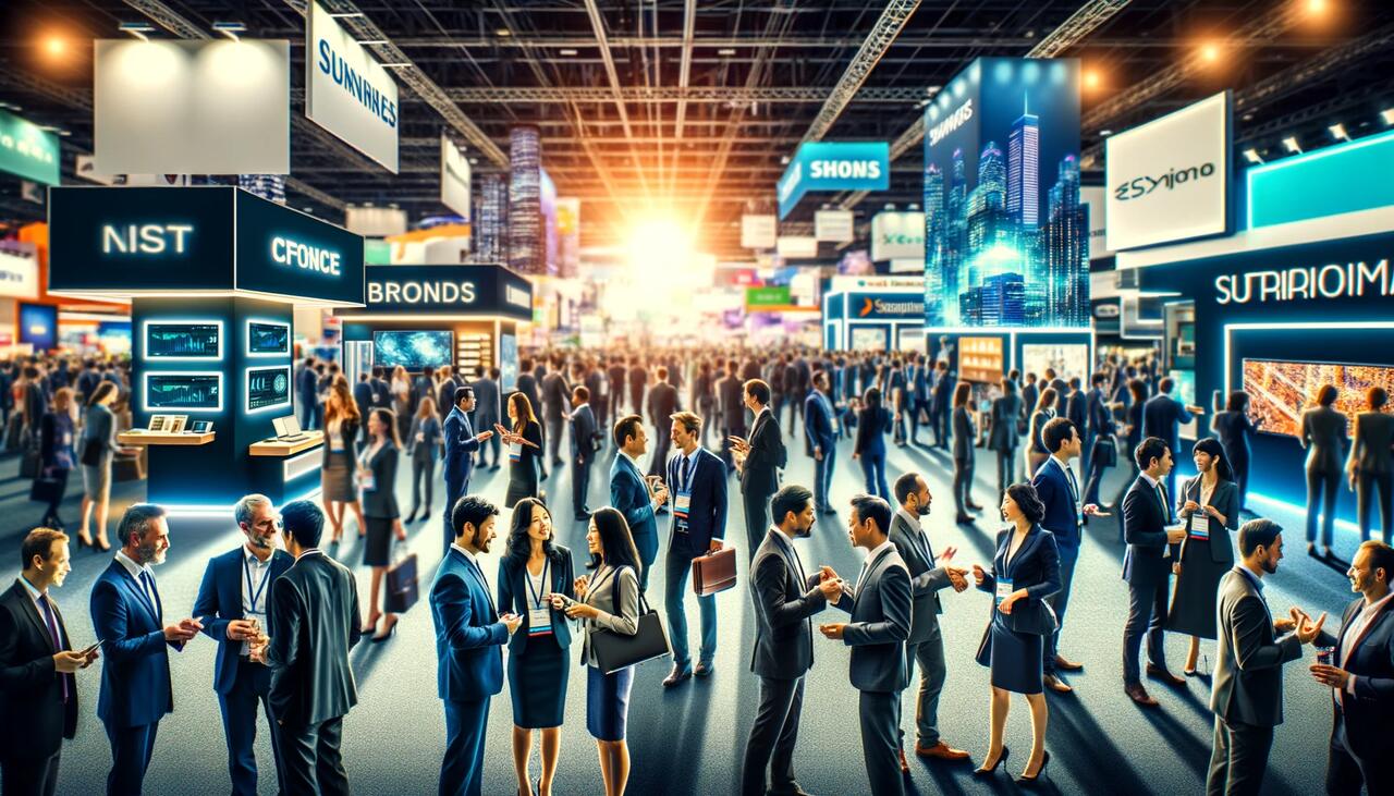 A vibrant trade show with brand banners and people talking