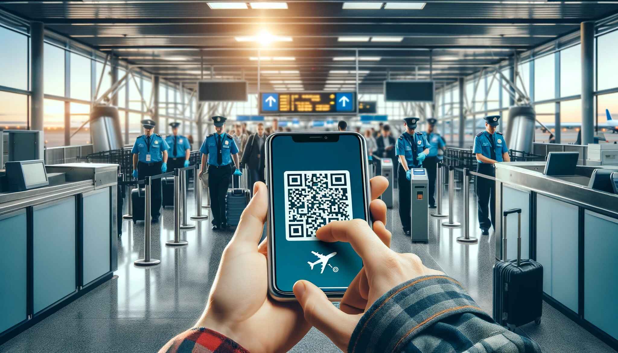 Traveler at airport security holding smartphone with boarding pass QR code