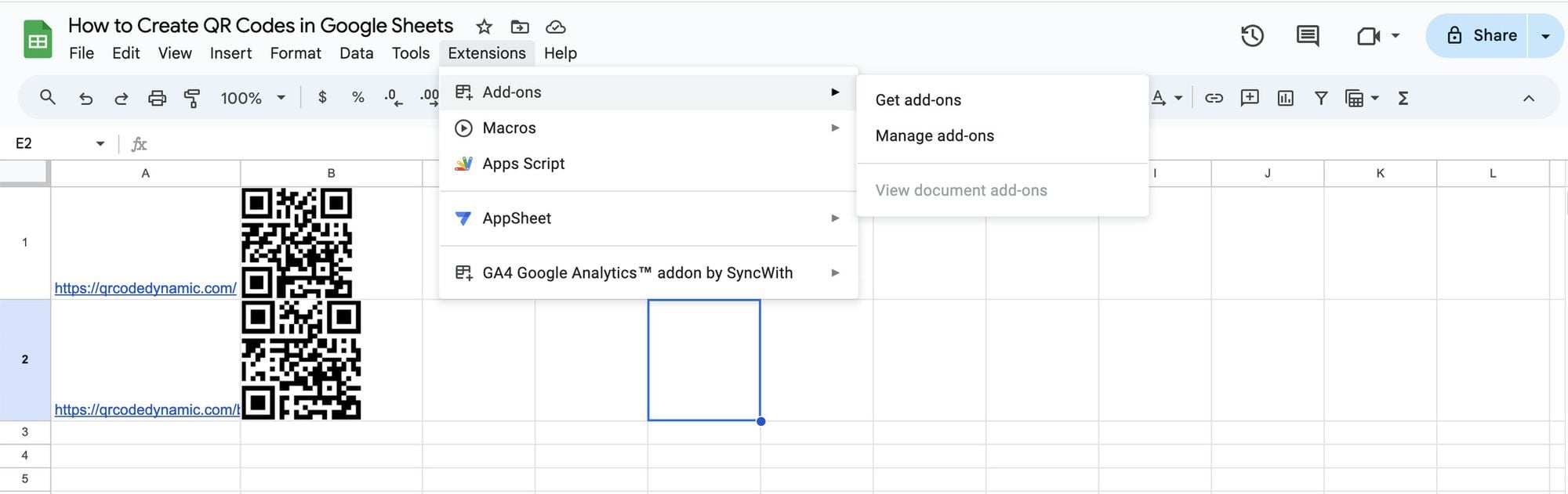 Google Sheets extensions menu open showing the workspace marketplace for QR code add-ons