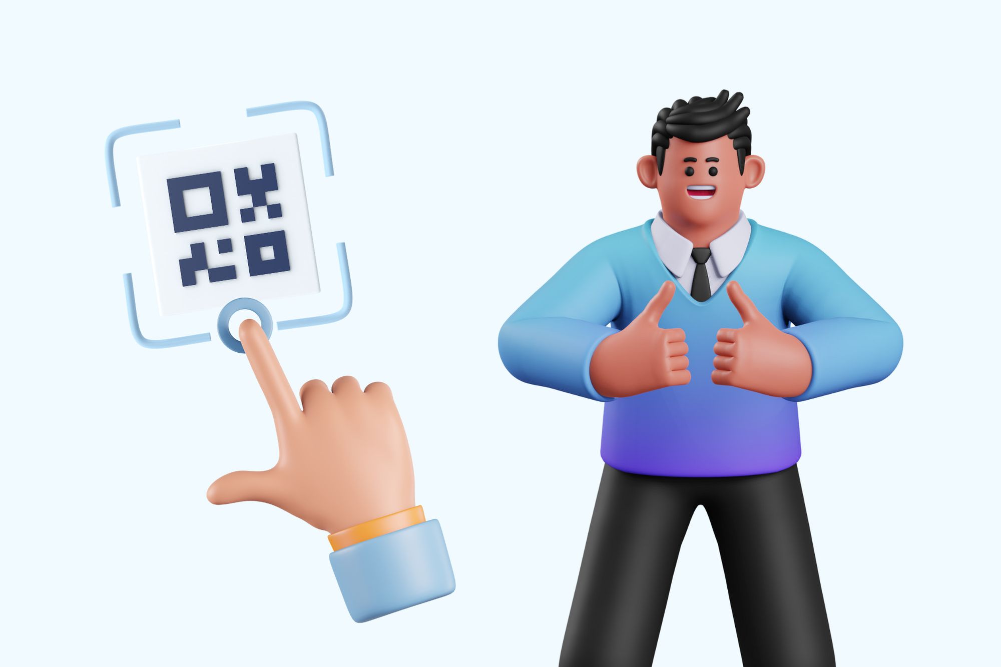 an illustration of a hand clicking a QR code and a man next to it