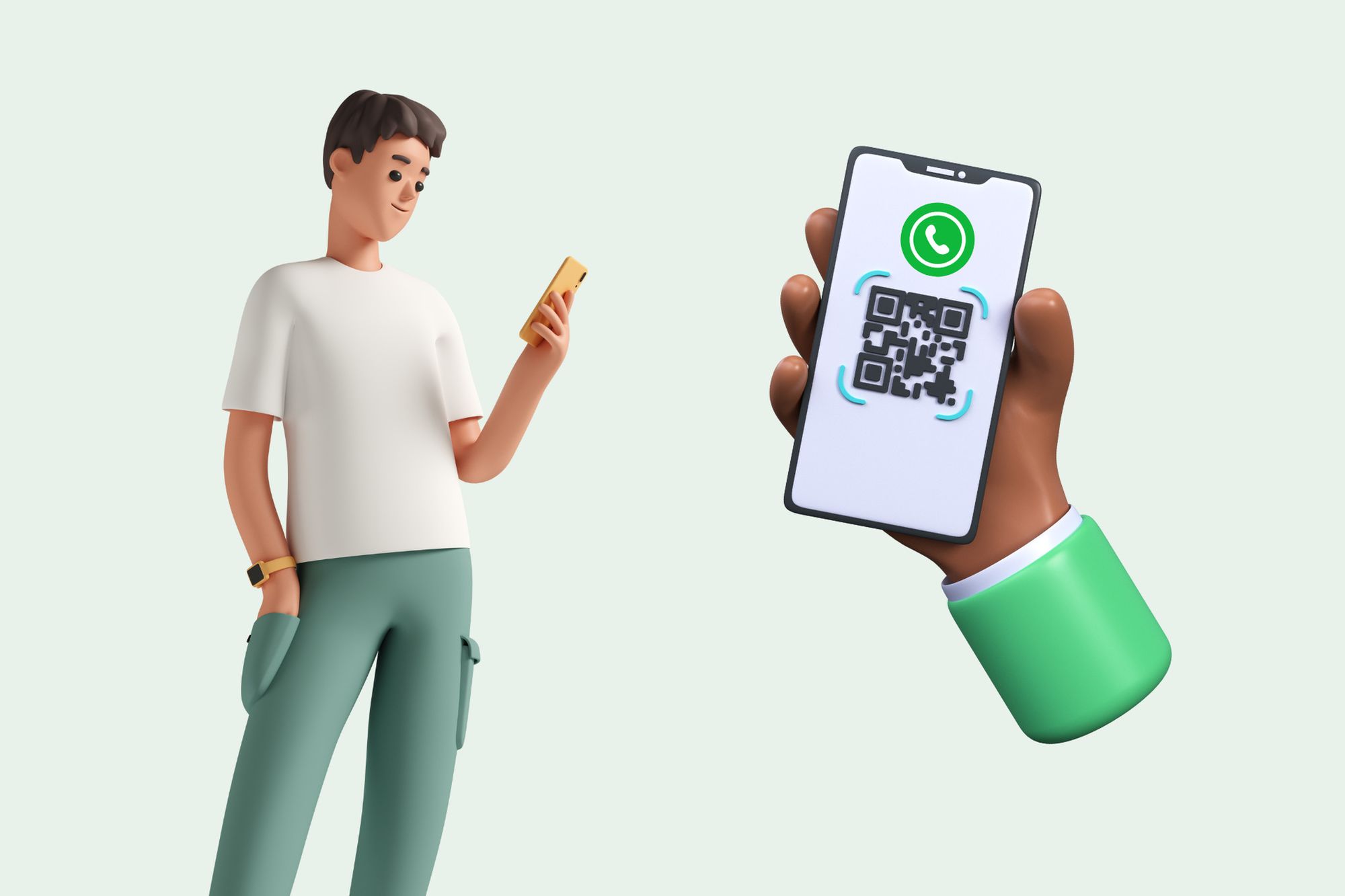 an illustration of a man checking his phone and a smartphone displaying a QR code and Whatsapp logo