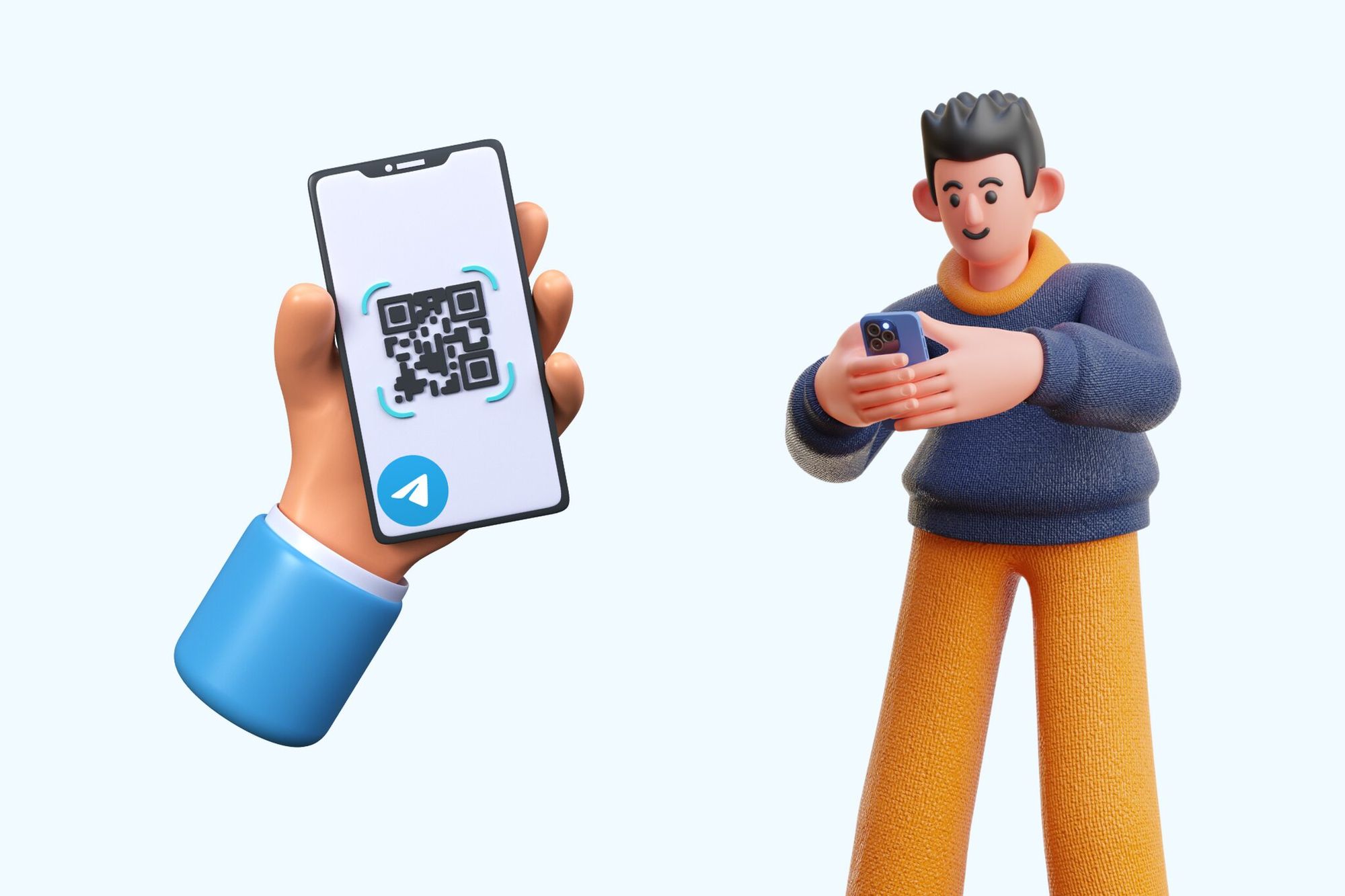an illustration of a man checking his smartphone and a smartphone displaying a QR code and Telegram logo