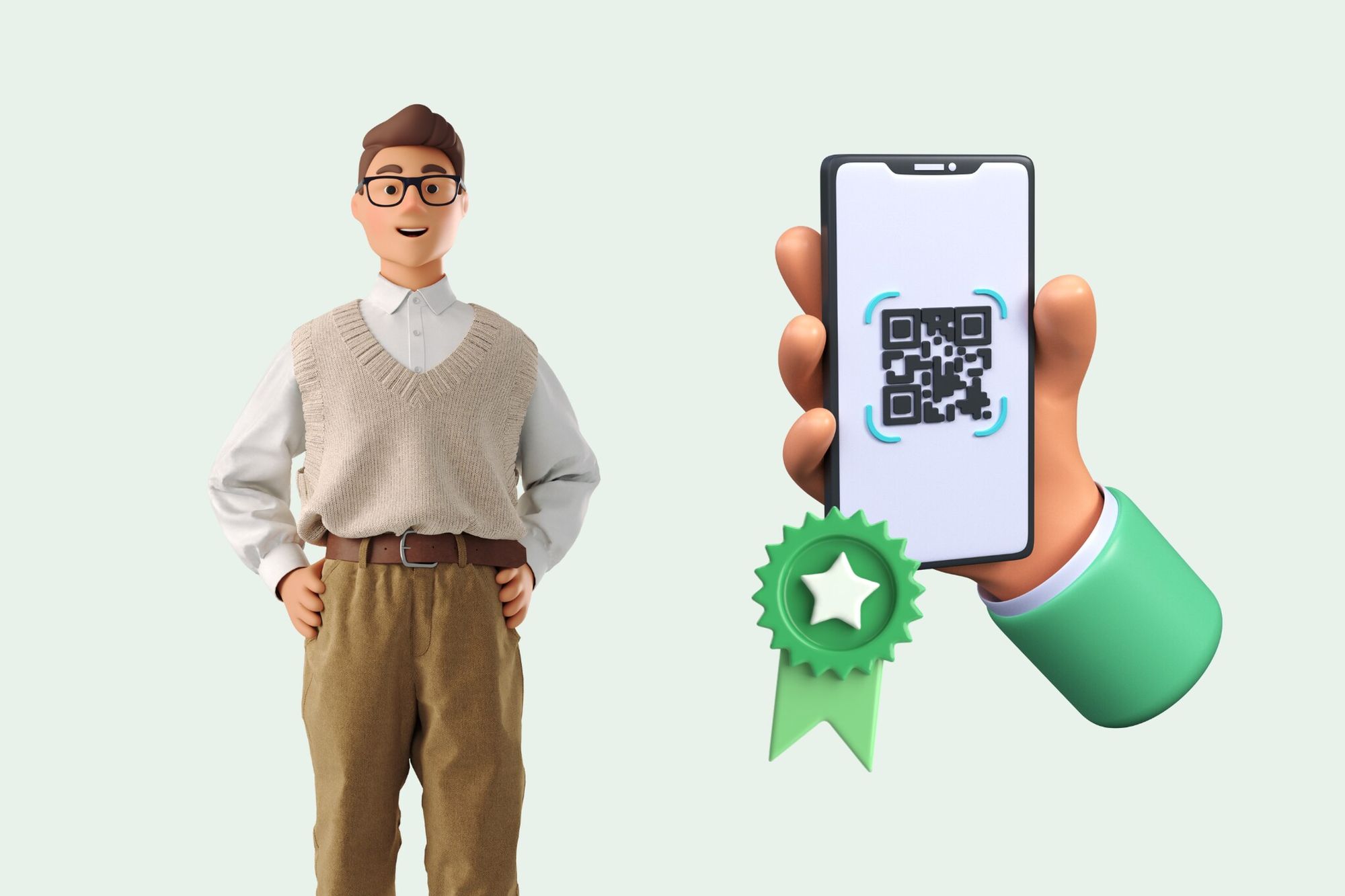 an illustration of a man smiling a phone displaying a QR code and a warrantybadge