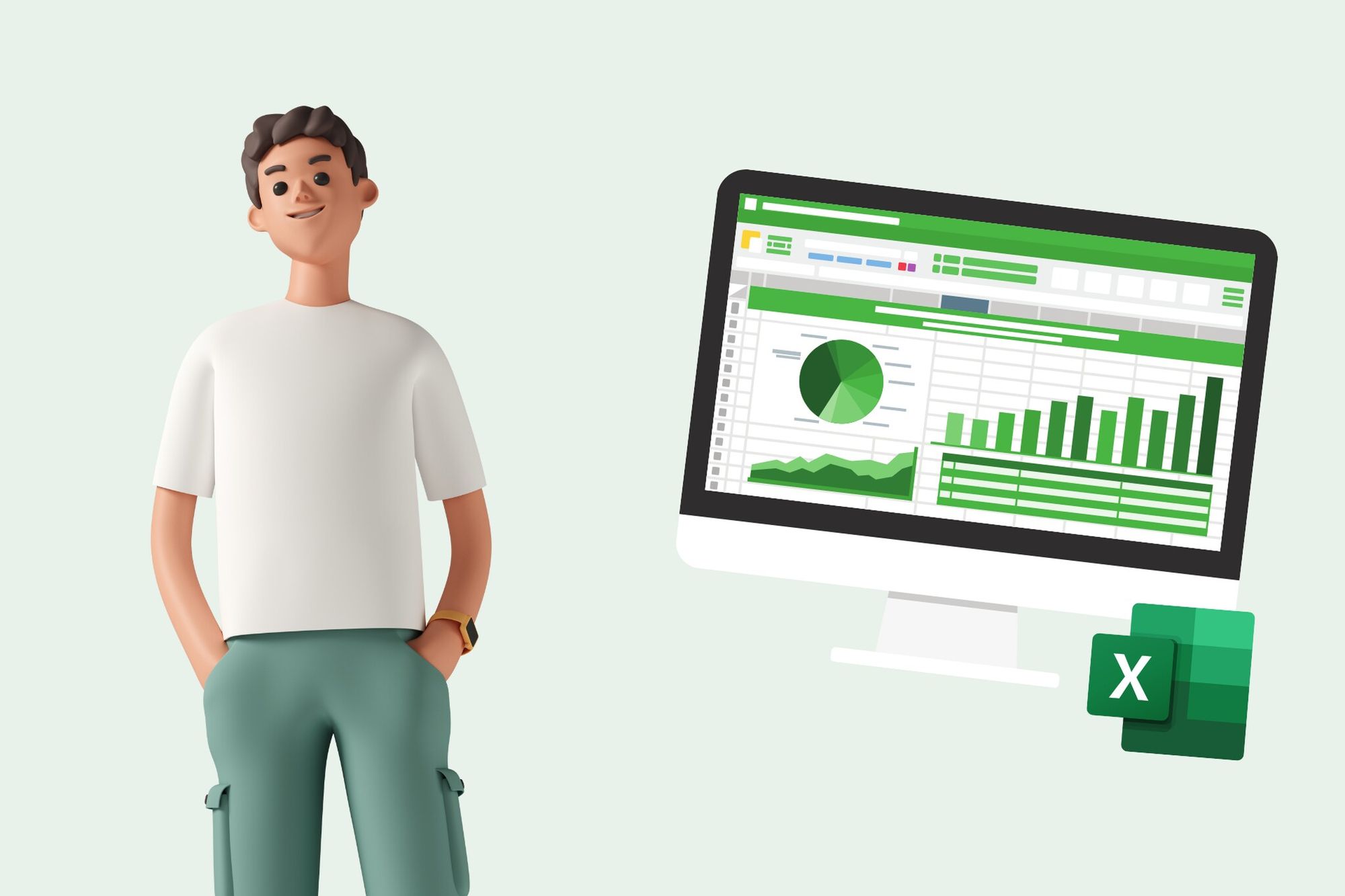 an illustration of a man standing and a computer screen showing Excel