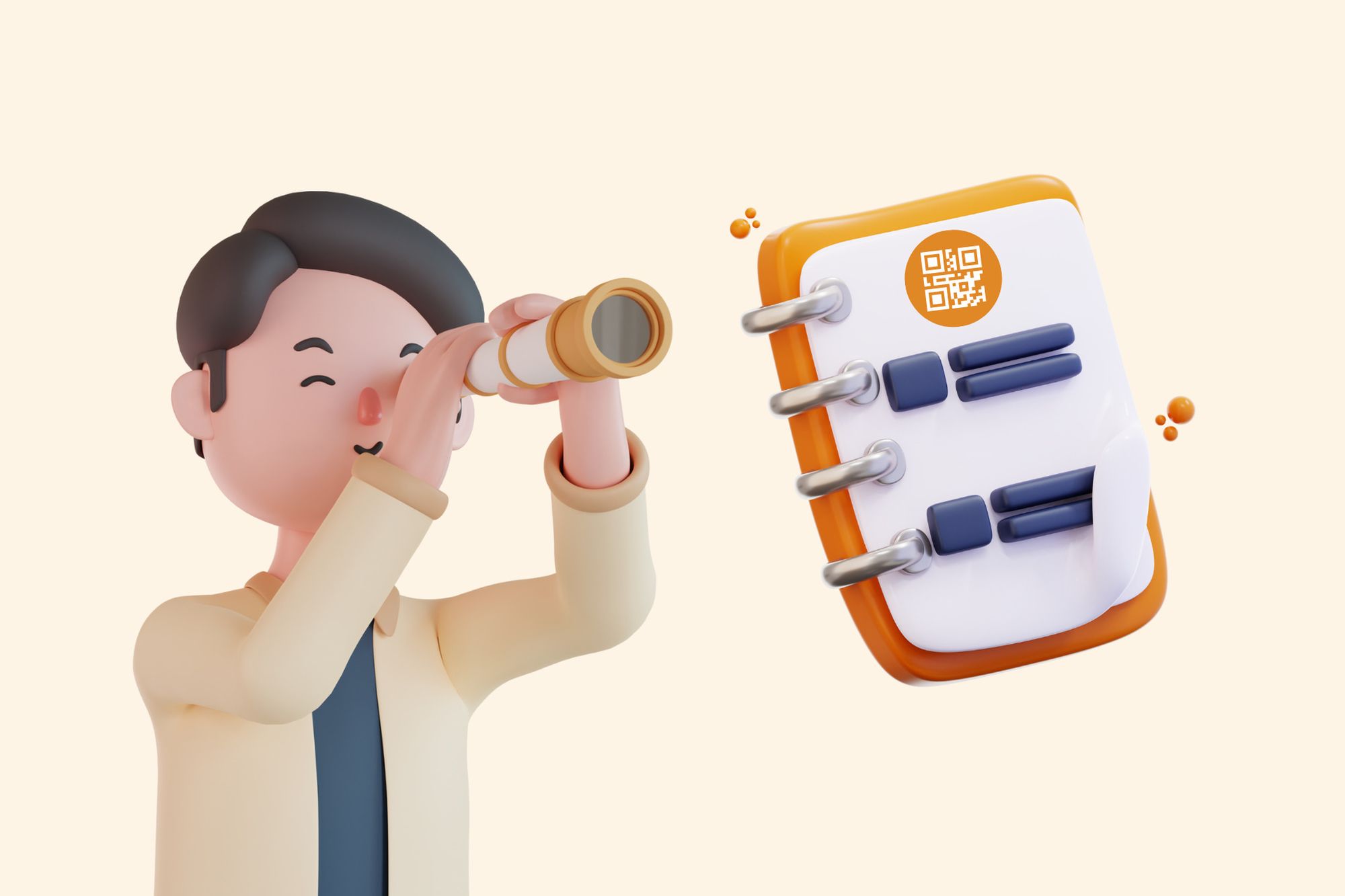 an illustration of a man with binoculars next to a menu with a QR code