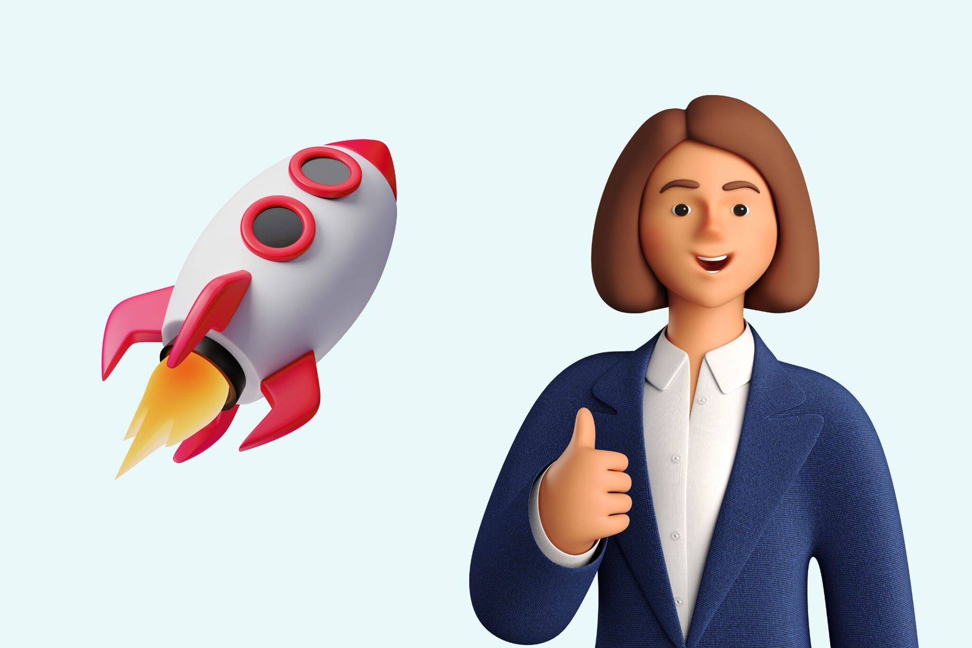 an illustration of a rocket and a woman smiling