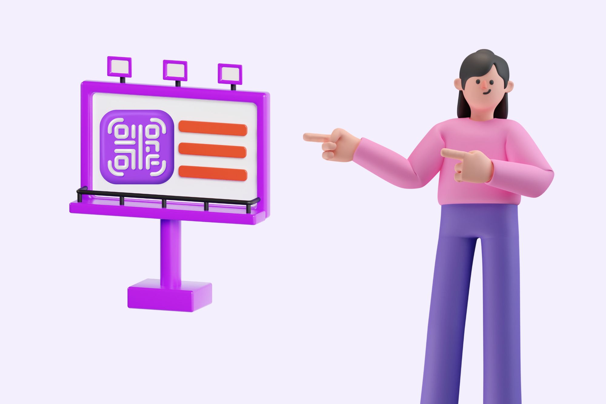 an illustration of a woman displaying a billboard with a QR code
