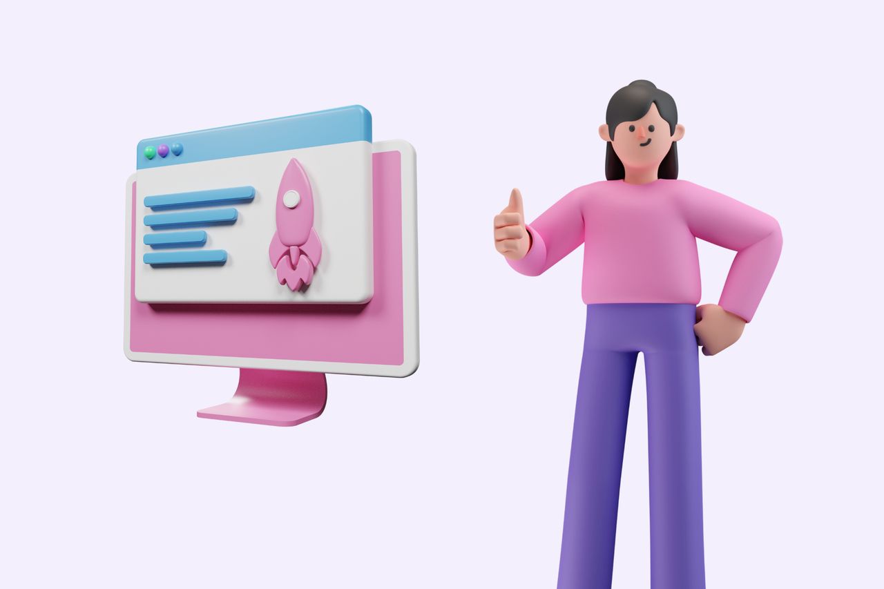 an illustration of a woman smiling and a landing page on a computer screen next to her