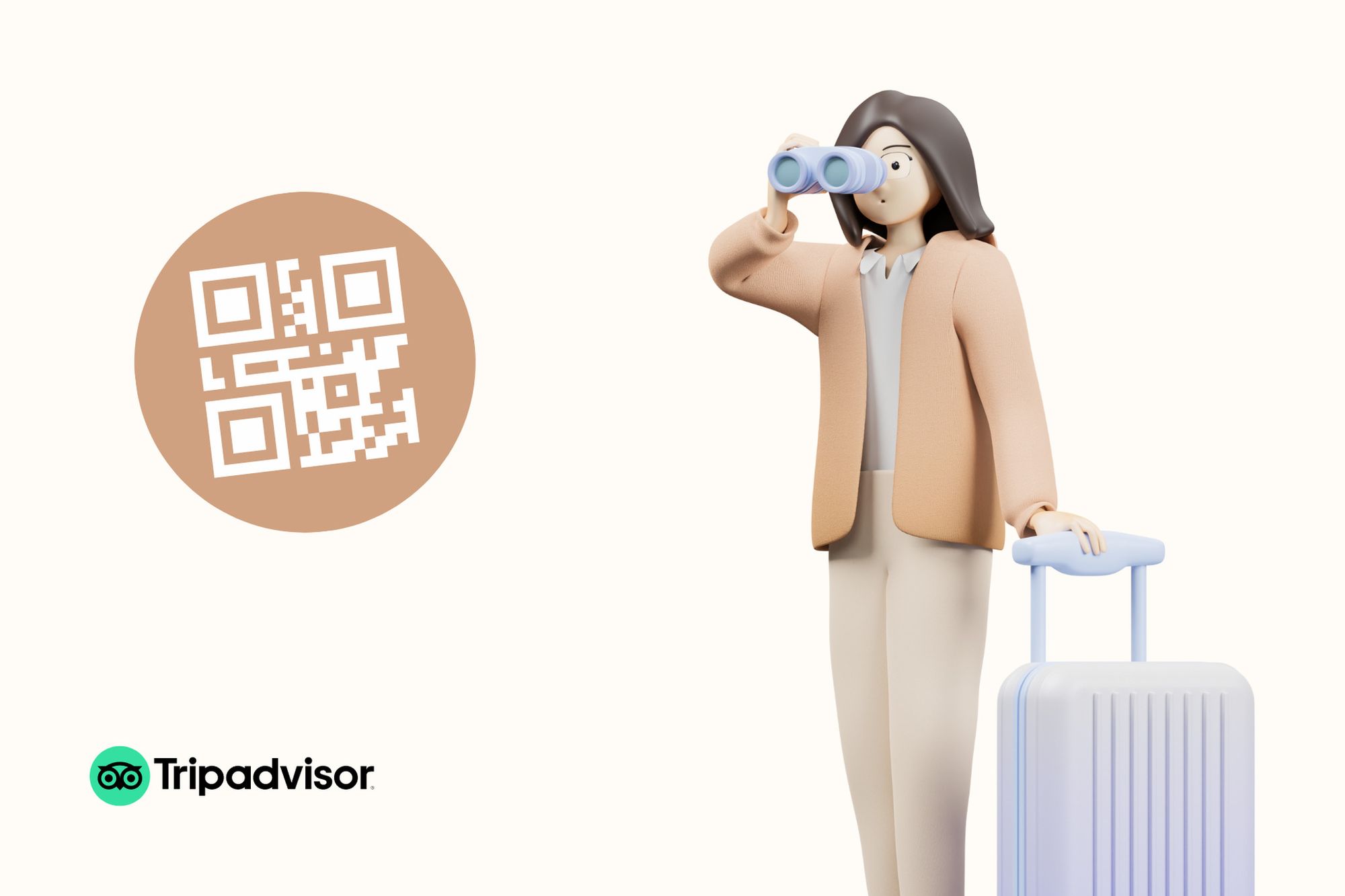 an illustration of a woman with suitcase and binoculars next to QR code and a Tripadvisor logo