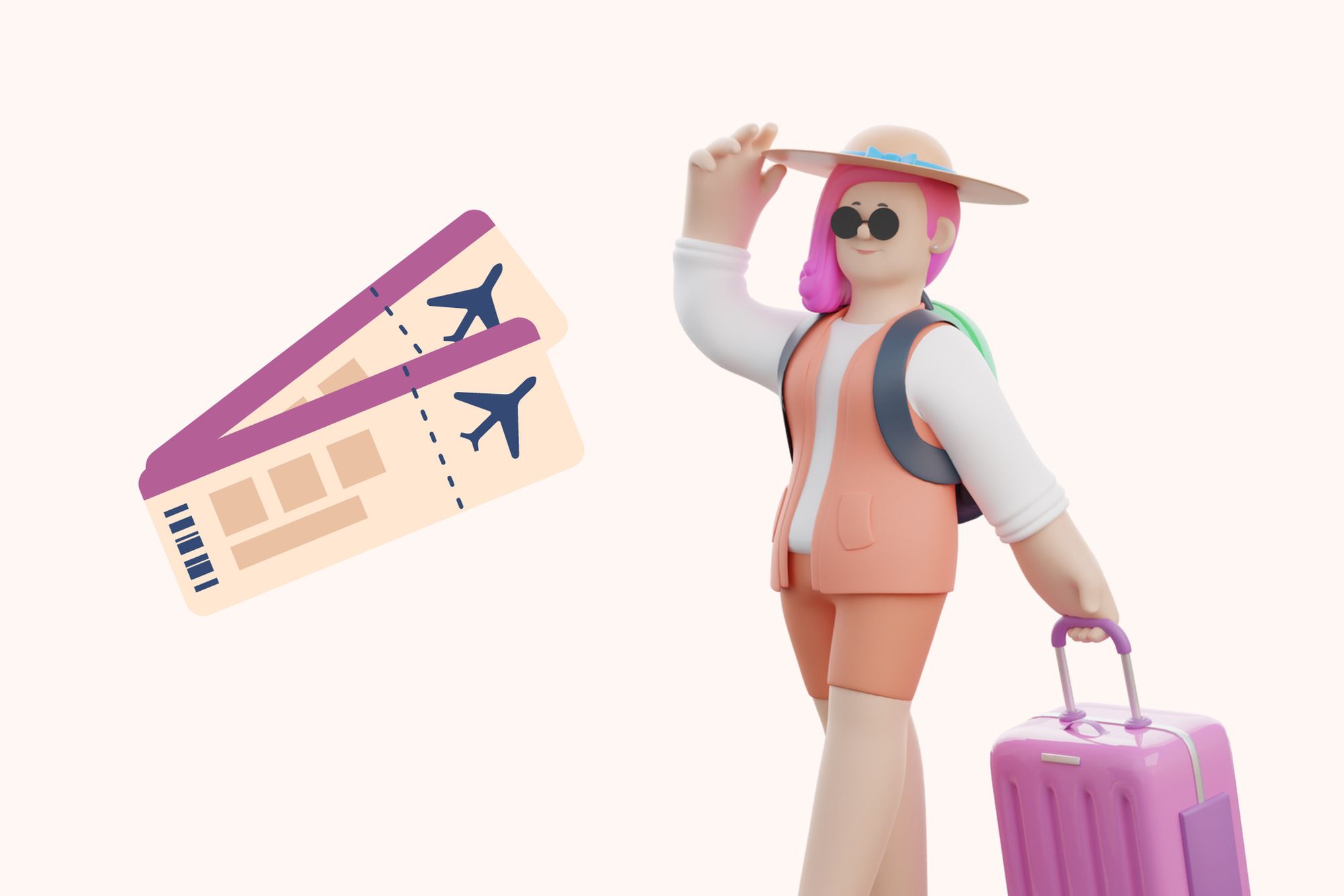 an illustration of a woman with suitcase next to boardingpass