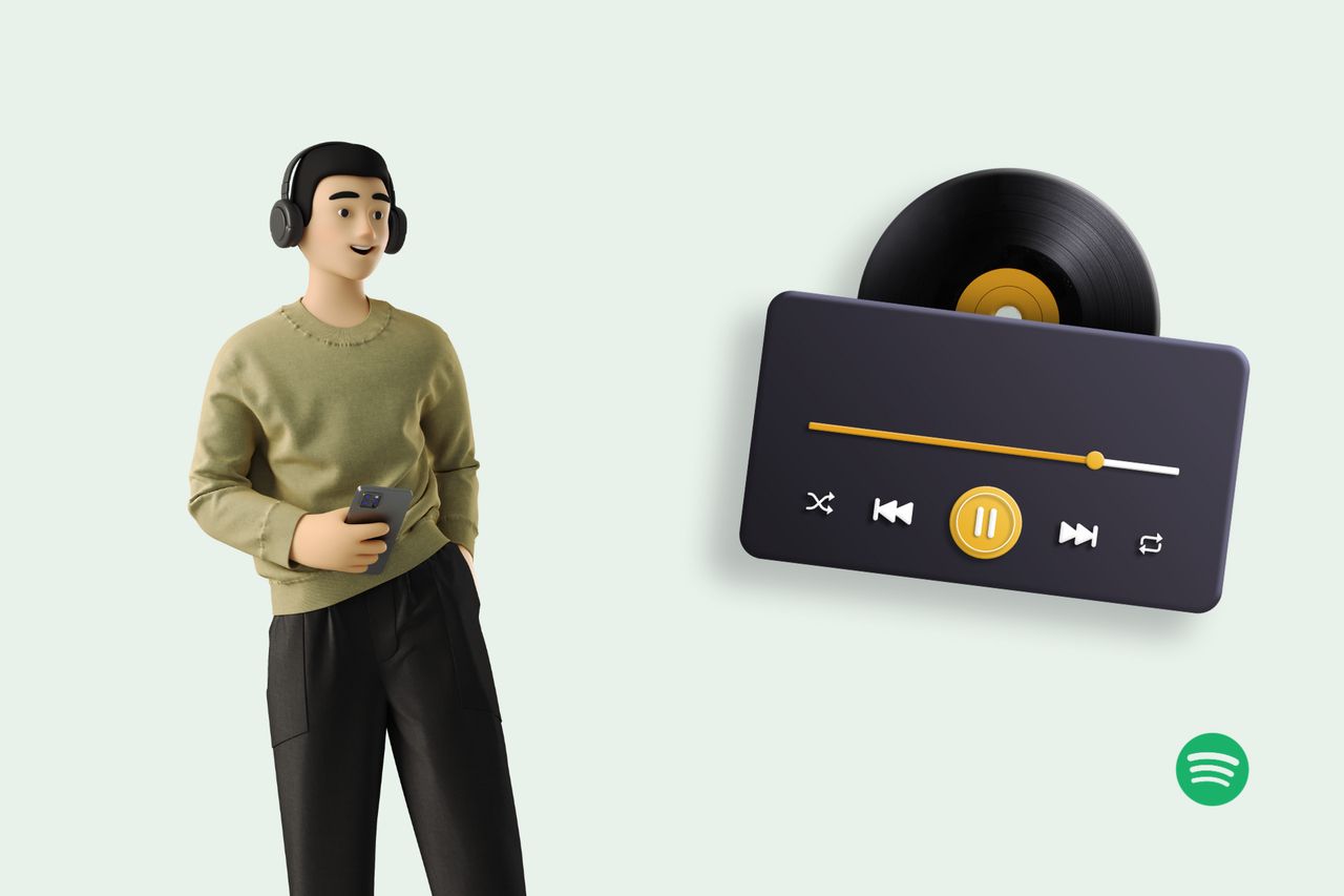 an illustration of a man listening to music next to music player and a Spotify logo