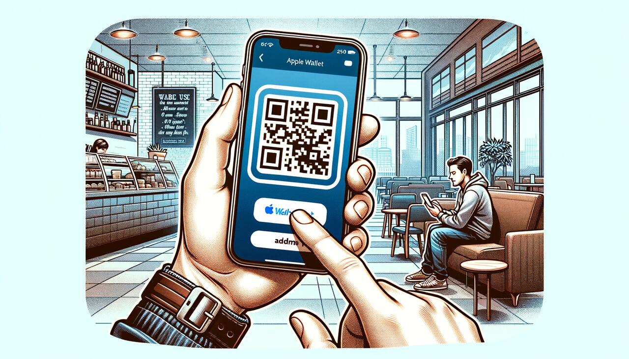 iPhone showing a QR code on screen with the Apple Wallet app open