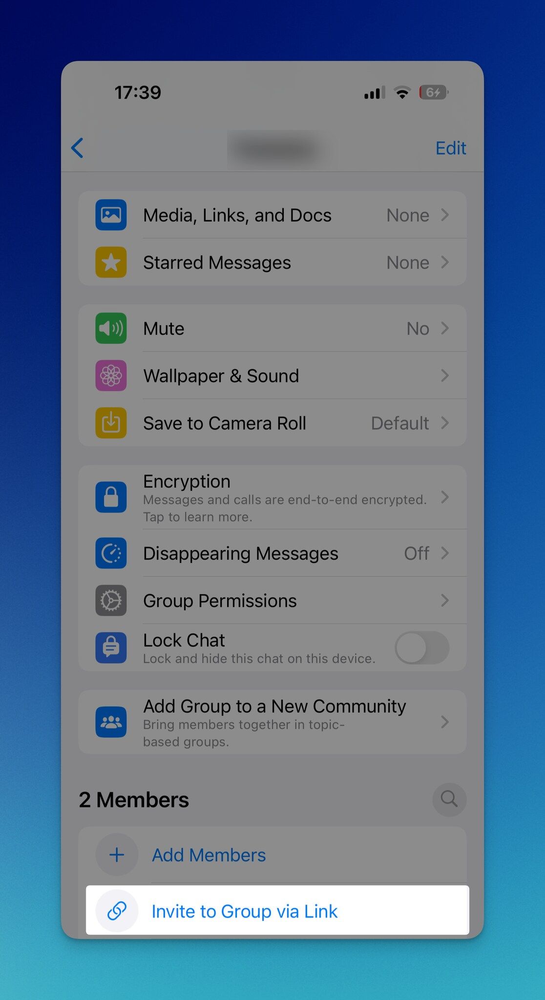 WhatsApp group settings screen with the Invite to Group via Link option highlighted on iOS