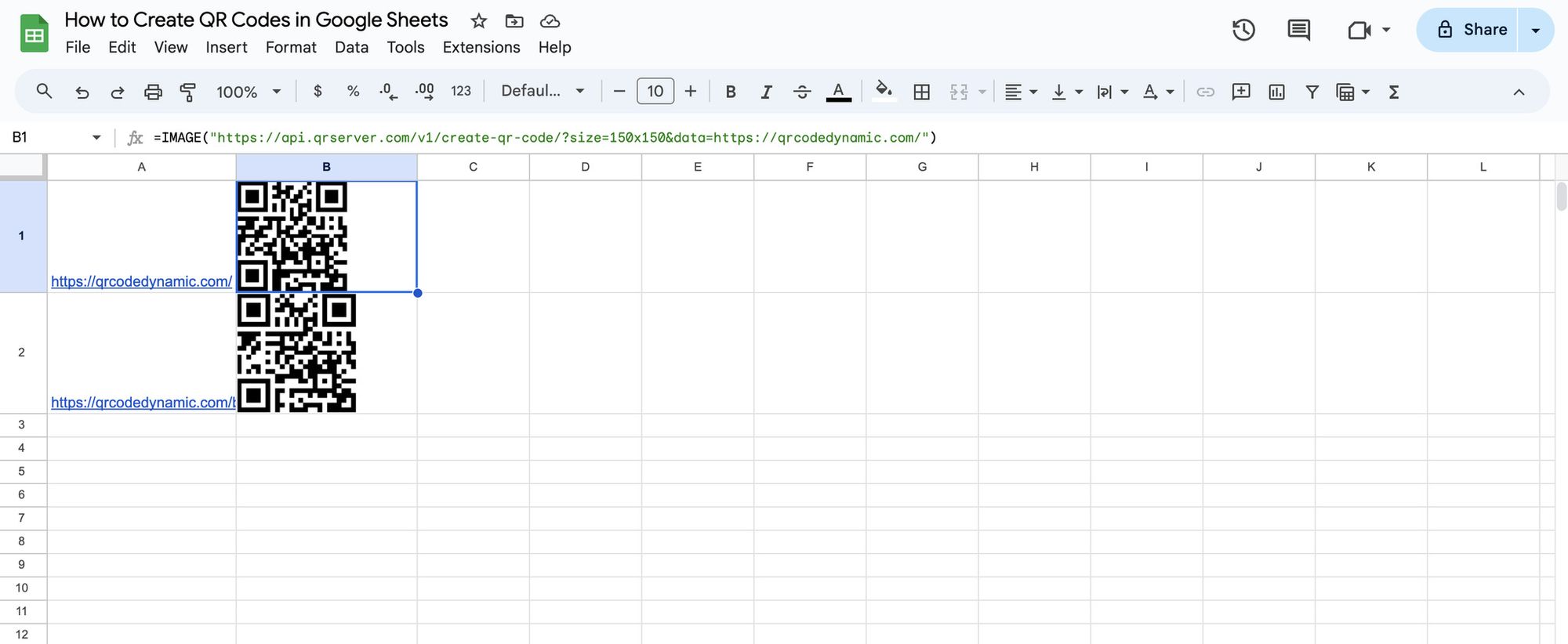 Google Sheets cell showing the IMAGE function producing a live QR code from a URL