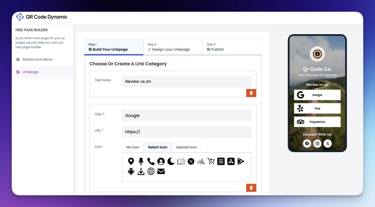 customizing linkpage in build your linkpage step of QRCodeDynamic