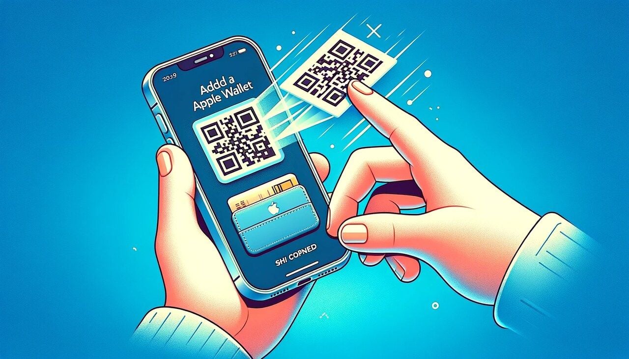 Graphic illustrating the process of adding a QR code to Apple Wallet on iPhone