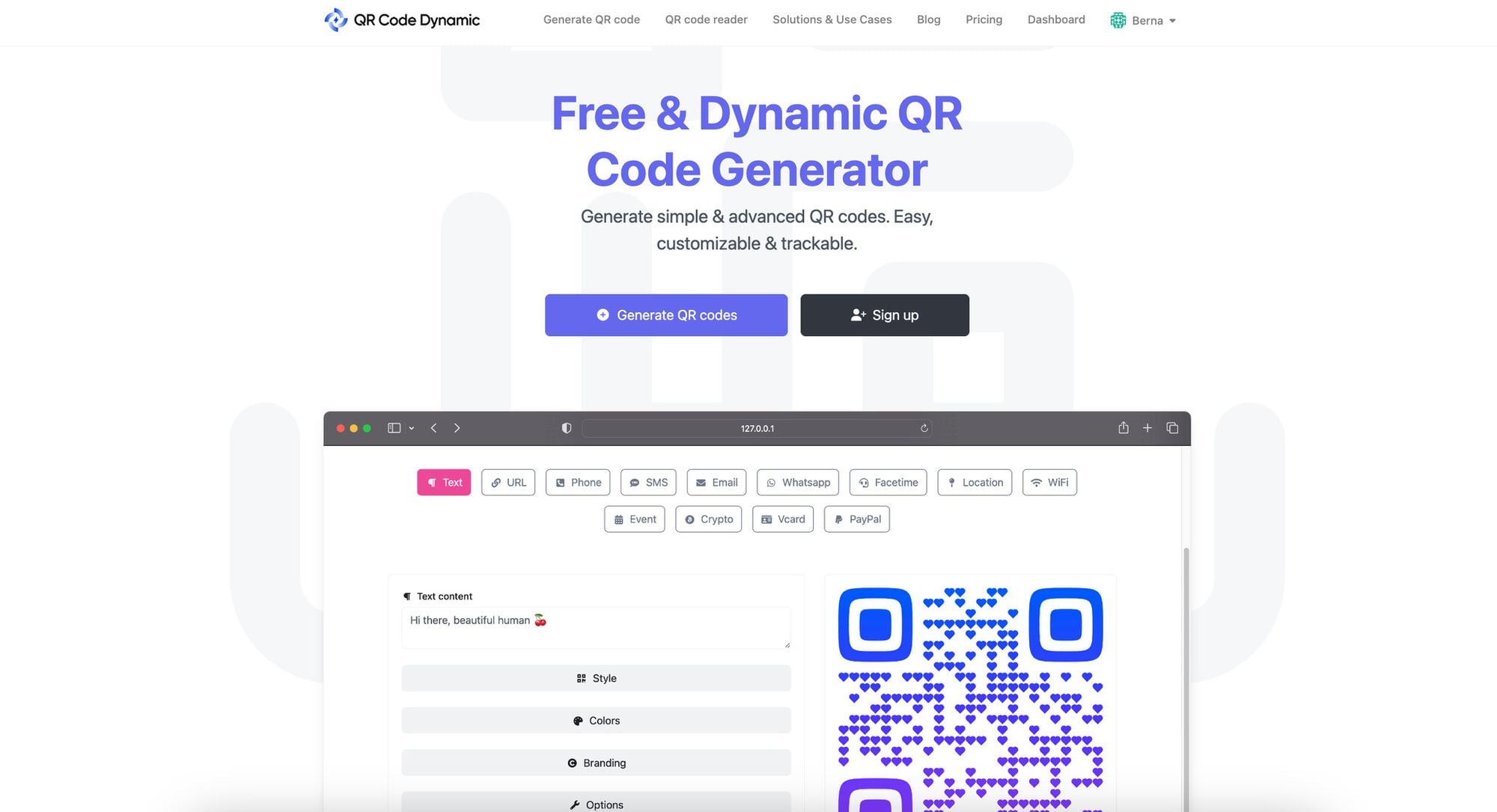 QR Code Dynamic homepage showing the free QR code generator interface with options for URL, text, Wi-Fi, and dynamic codes