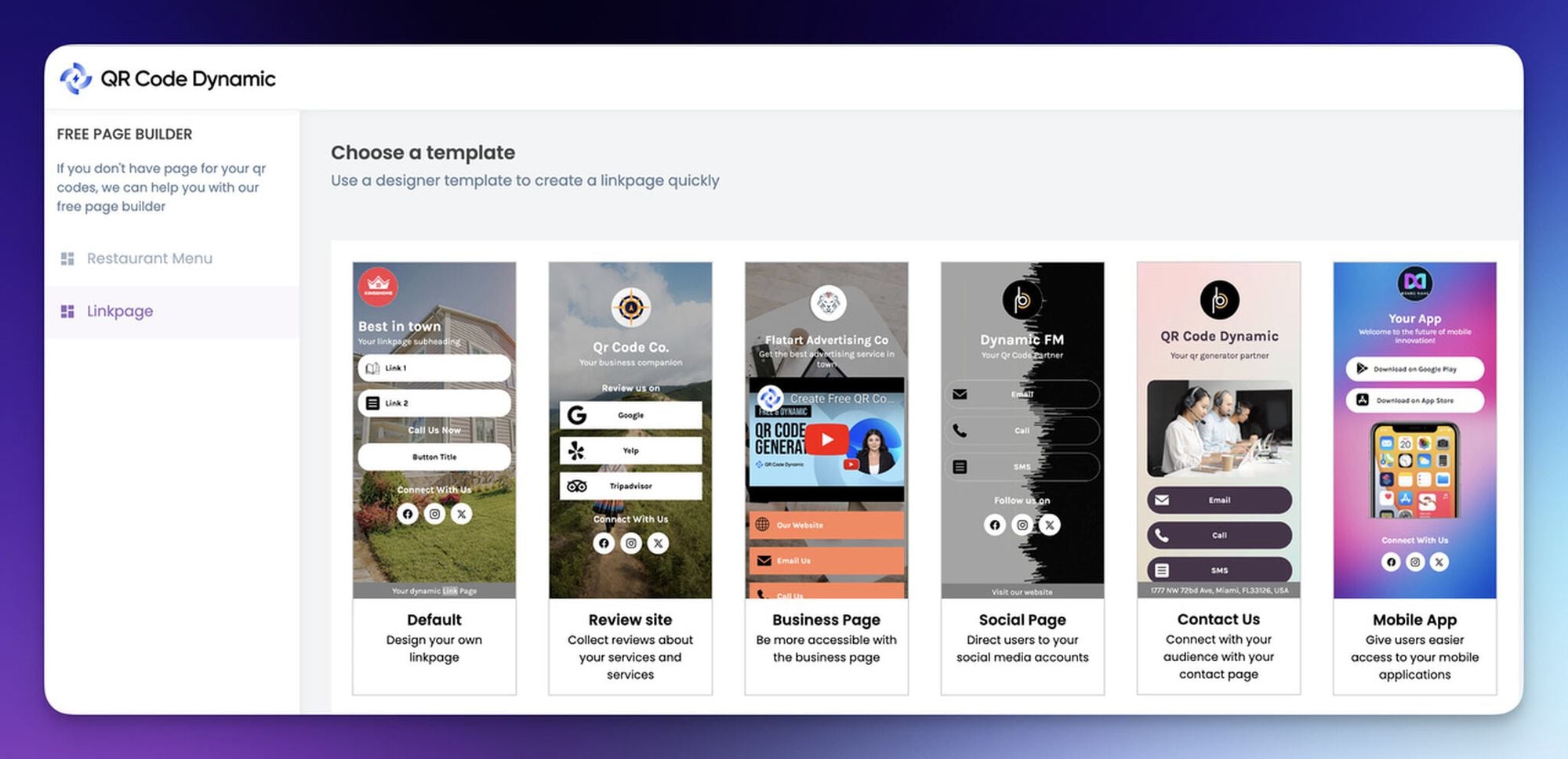 a screenshot of linkpage templates of QRCodeDynamic