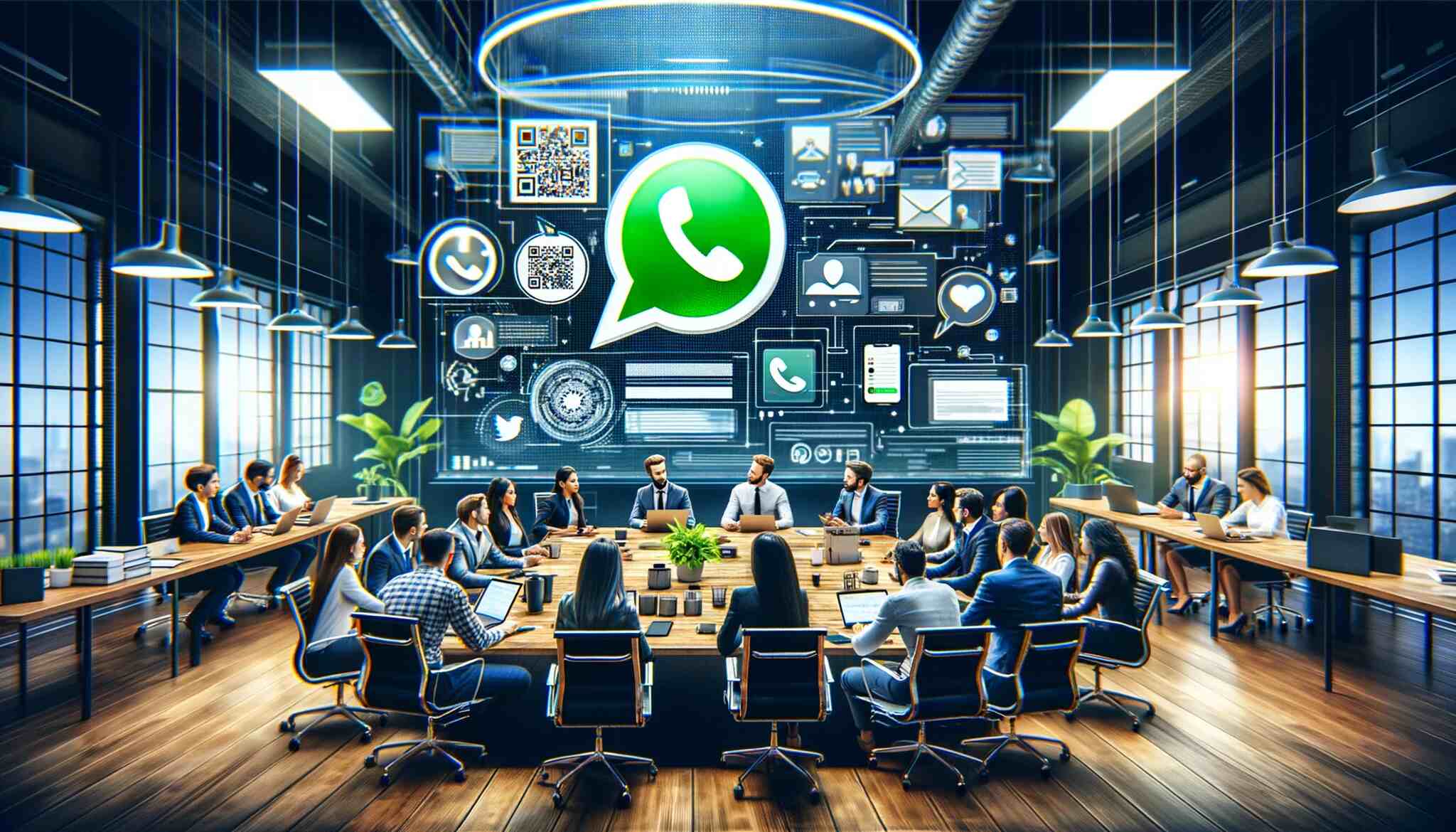 Office team gathered around a screen showing a WhatsApp group QR code on a presentation