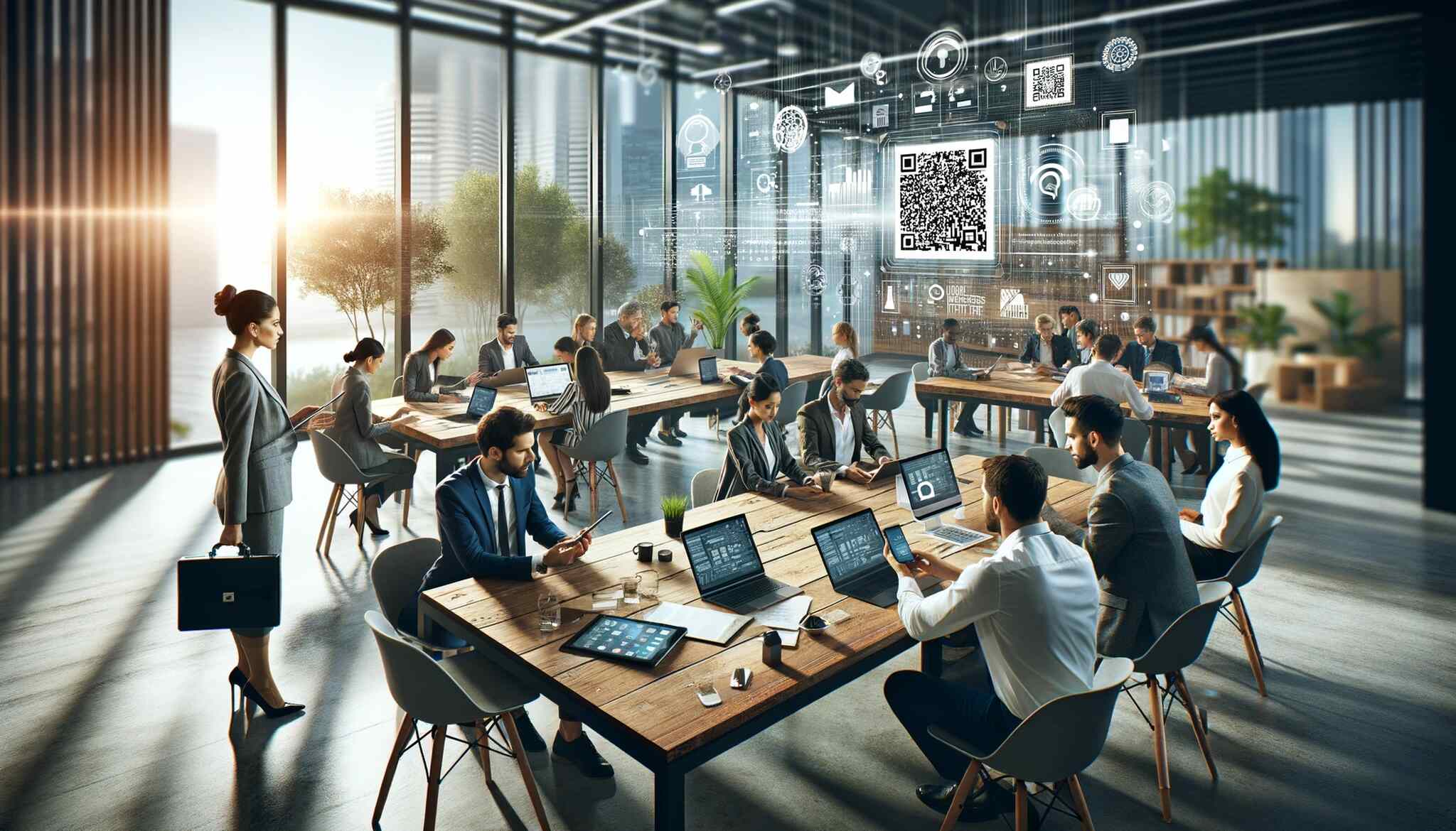 People working at an office and a big screen displaying QR codes