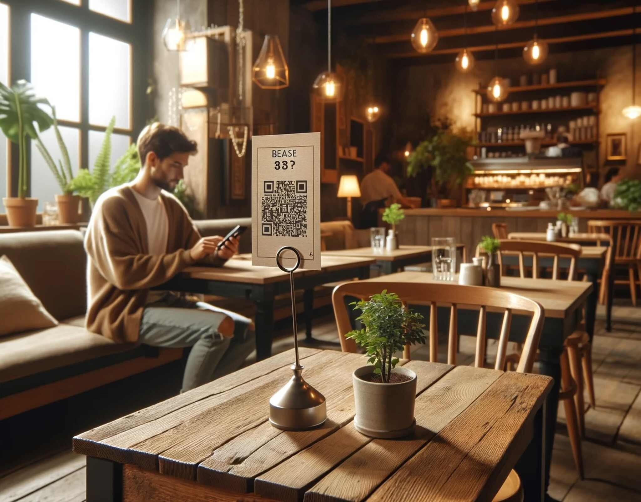 QR code in a cozy cafe setting and a man at the background