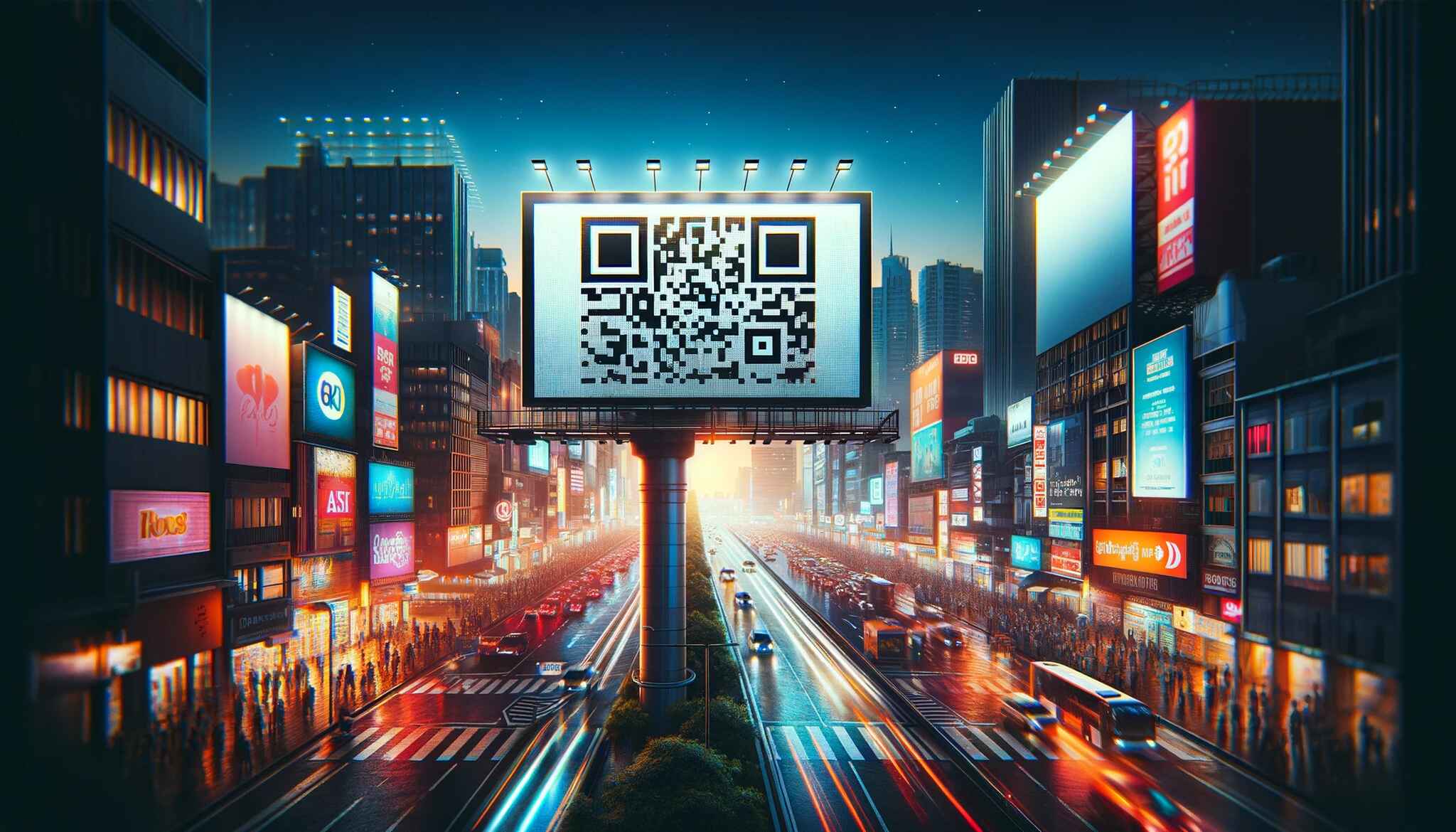 Large QR code on a billboard above a street with passing cars