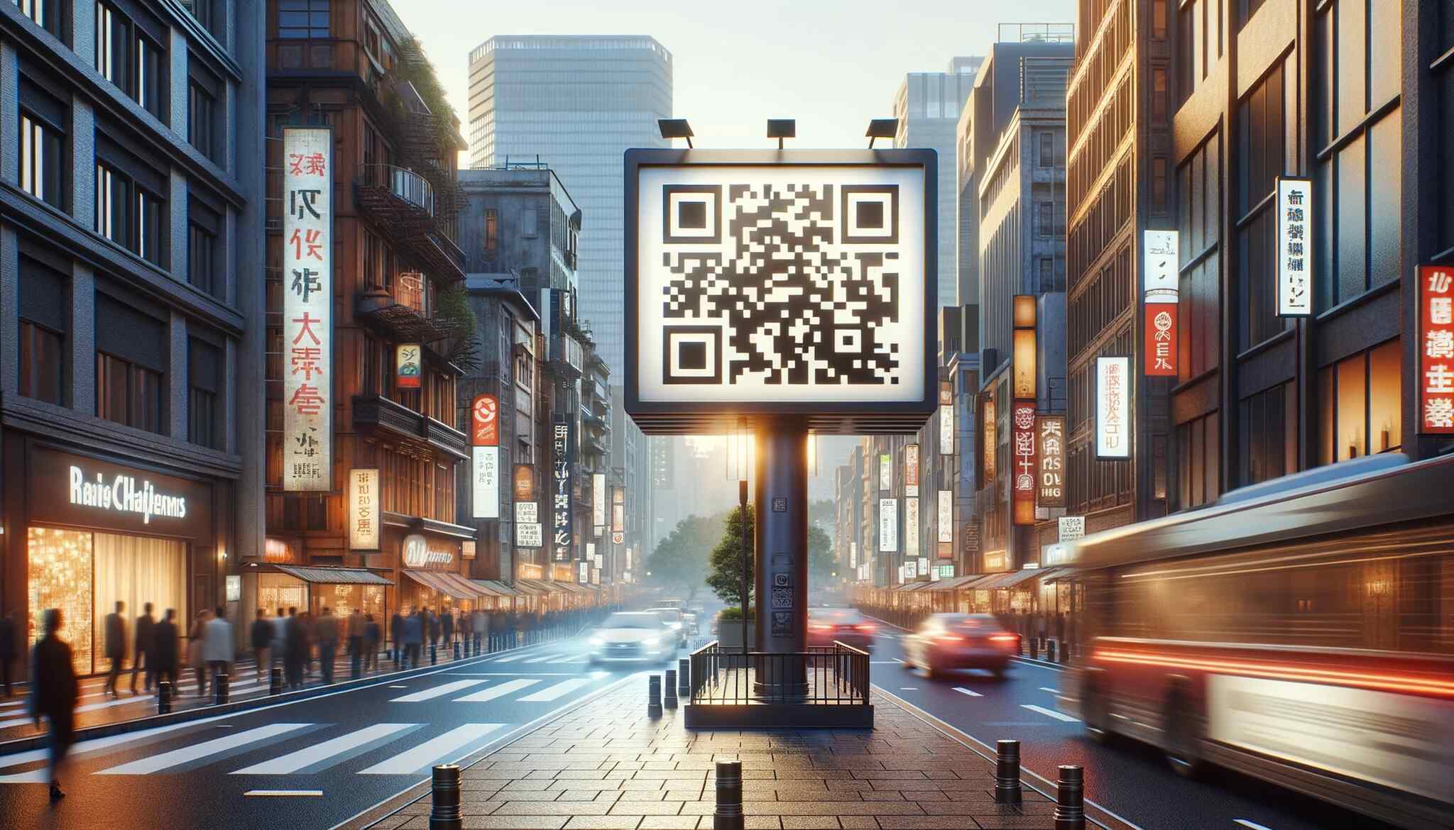 QR code on a billboard next to a moving city bus