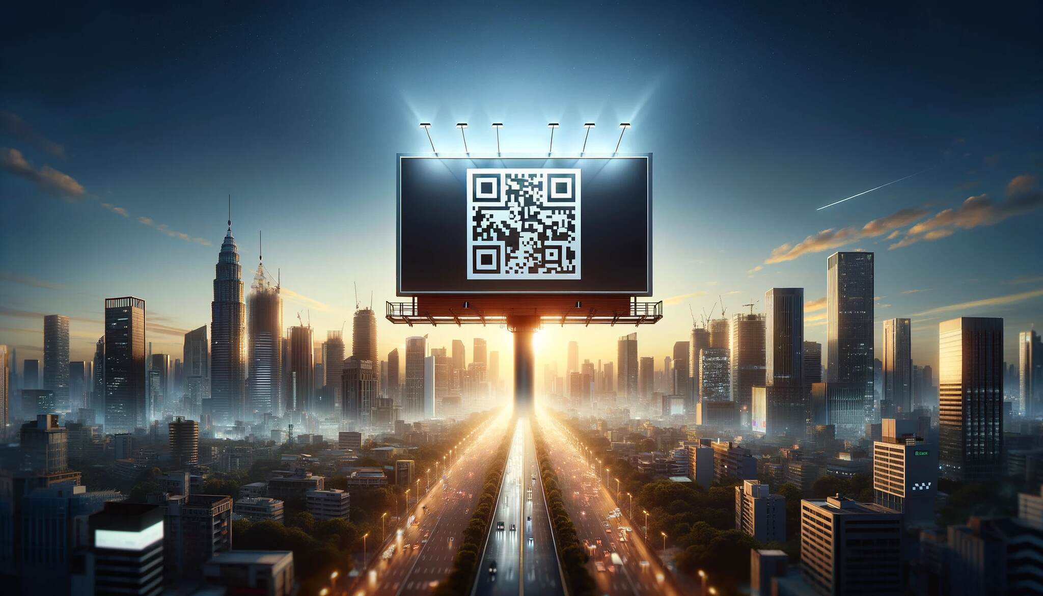 QR code on a billboard in a busy metropolitan setting