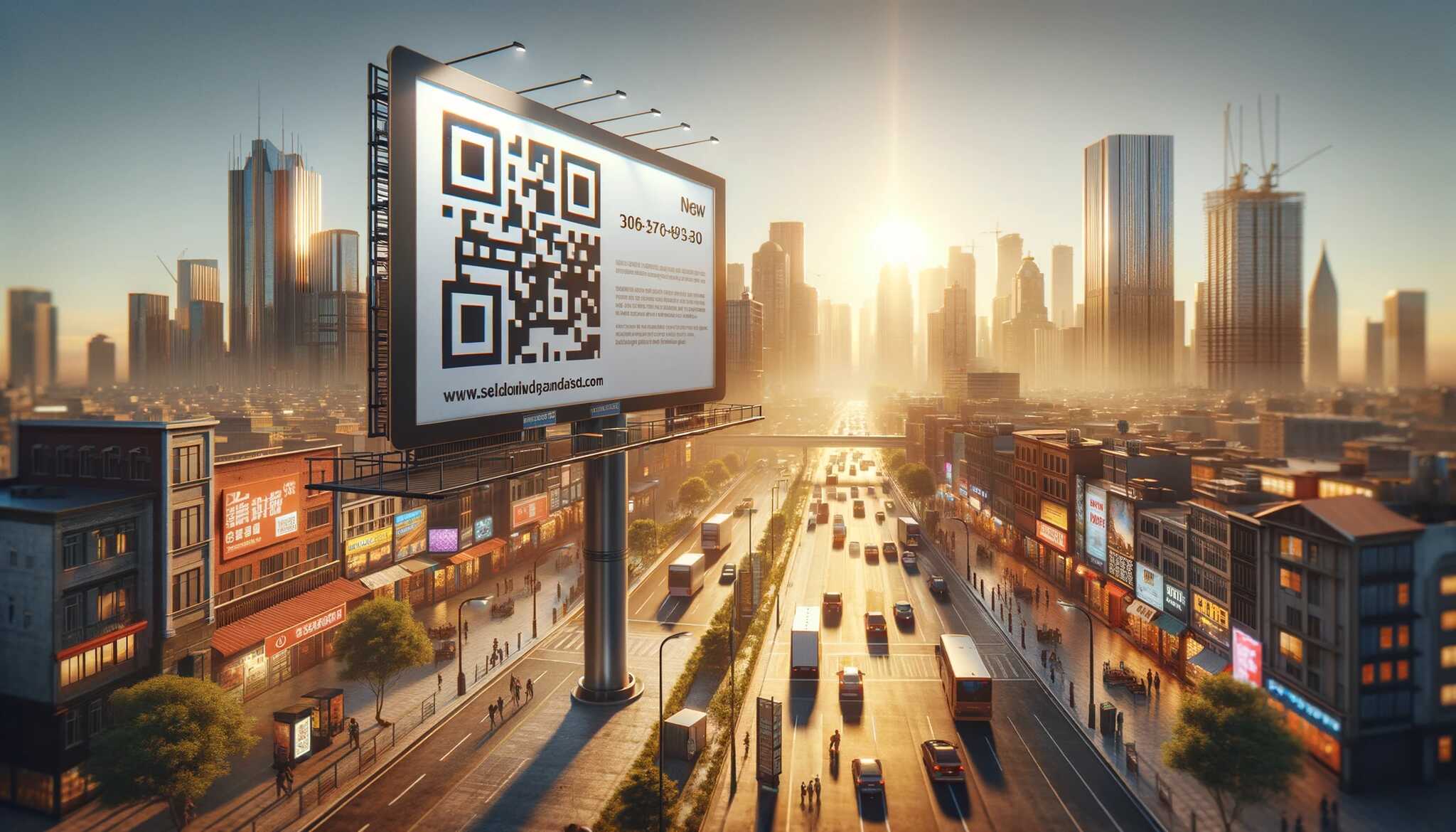QR code on a billboard along a busy urban road