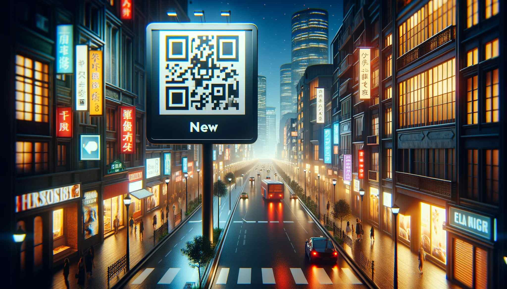 QR codes on billboards in a colorful city center