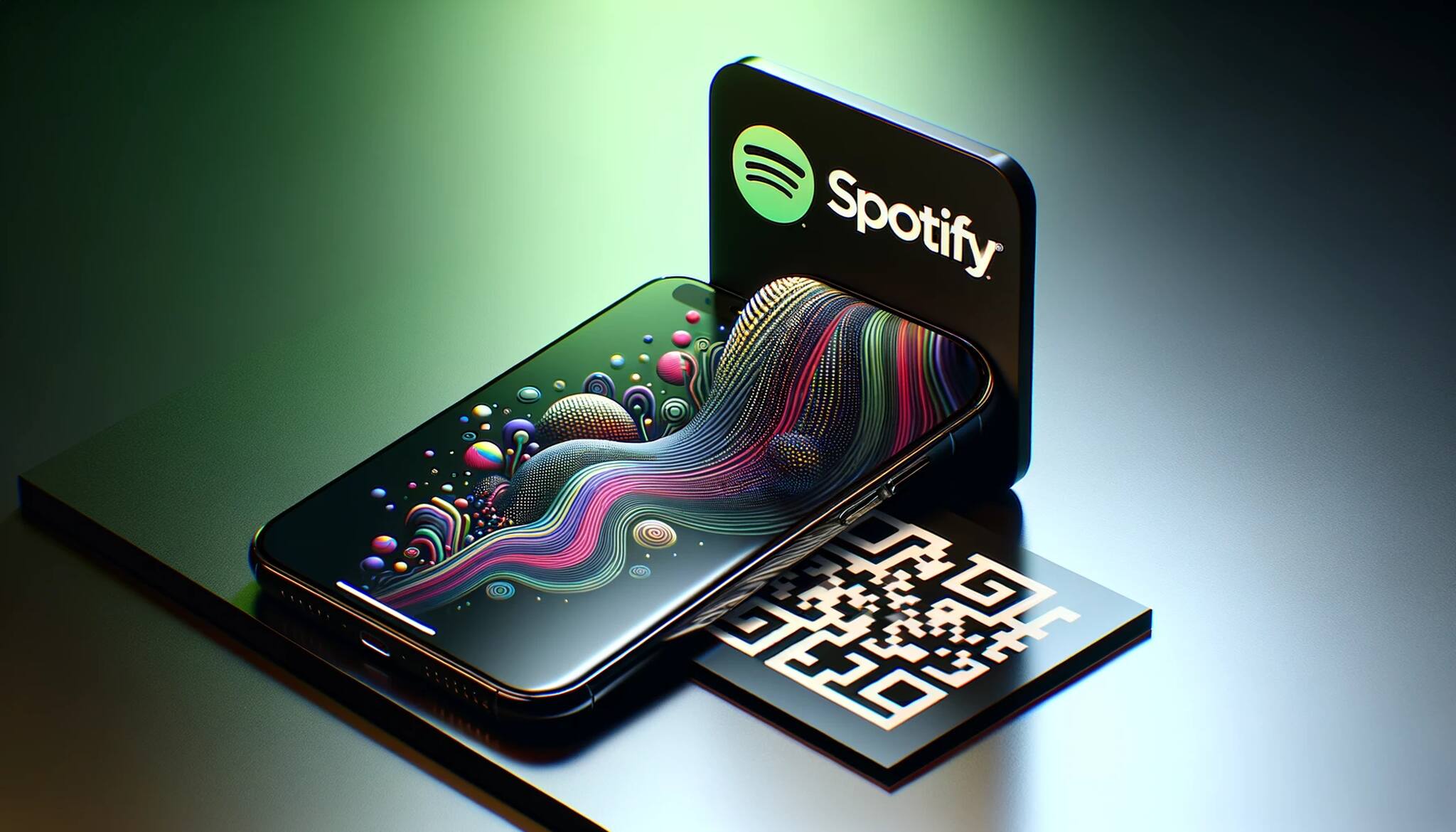 Smartphone and a QR code on a desk with vibrant illustration