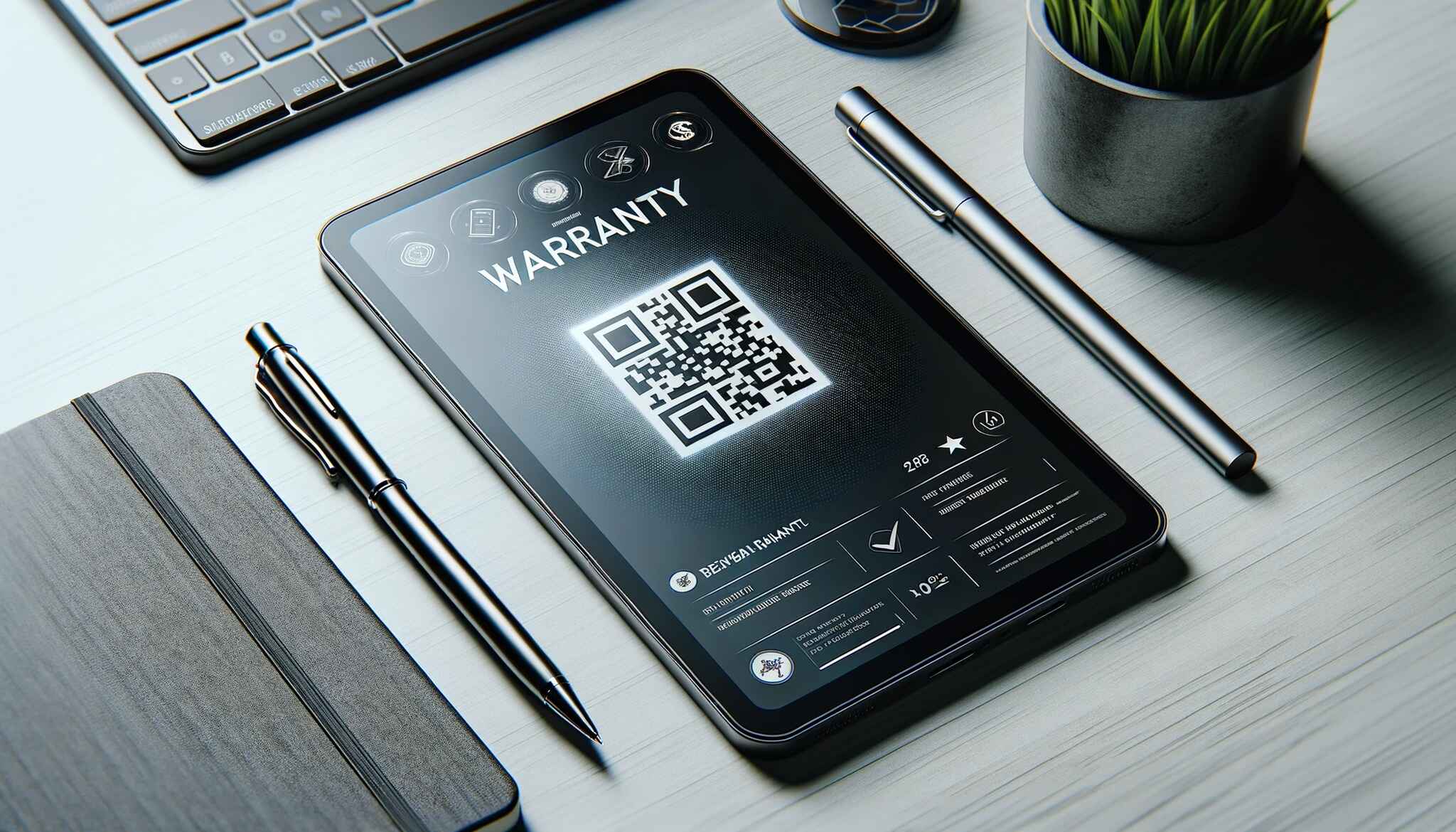 A close-up view of a smartphone, displaying a clear and detailed warranty QR code
