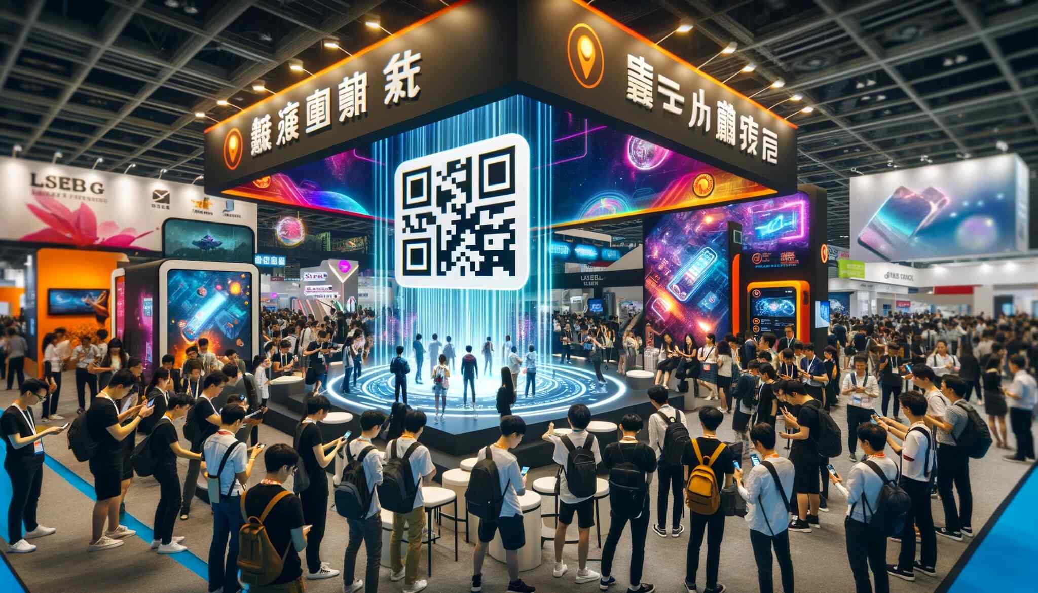 trade show booth featuring an interactive display with a large, clearly visible QR code that attendees are scanning with their smartphones