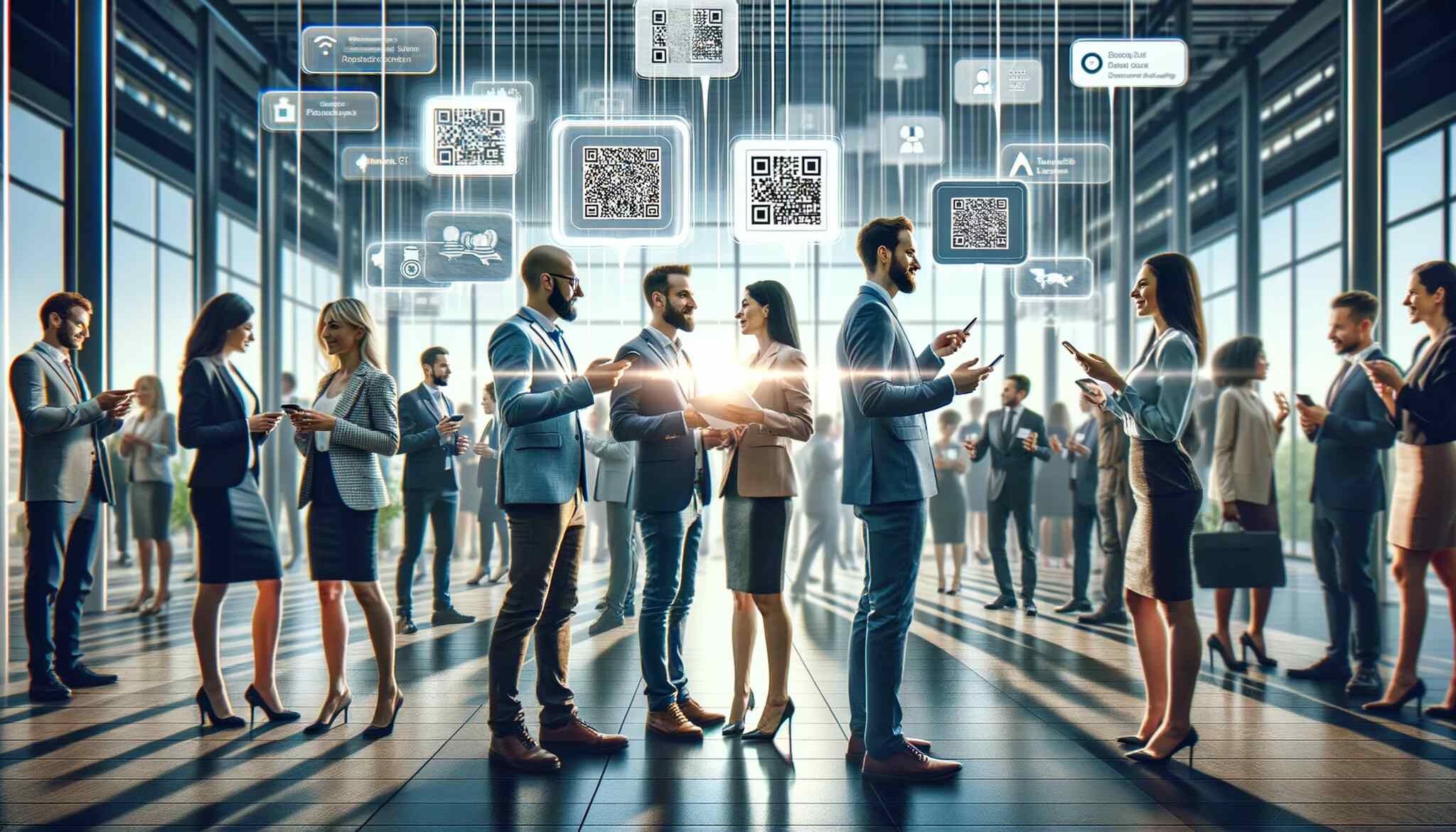 A networking event scene, with a group of professionals talking, holding smartphones and tablets