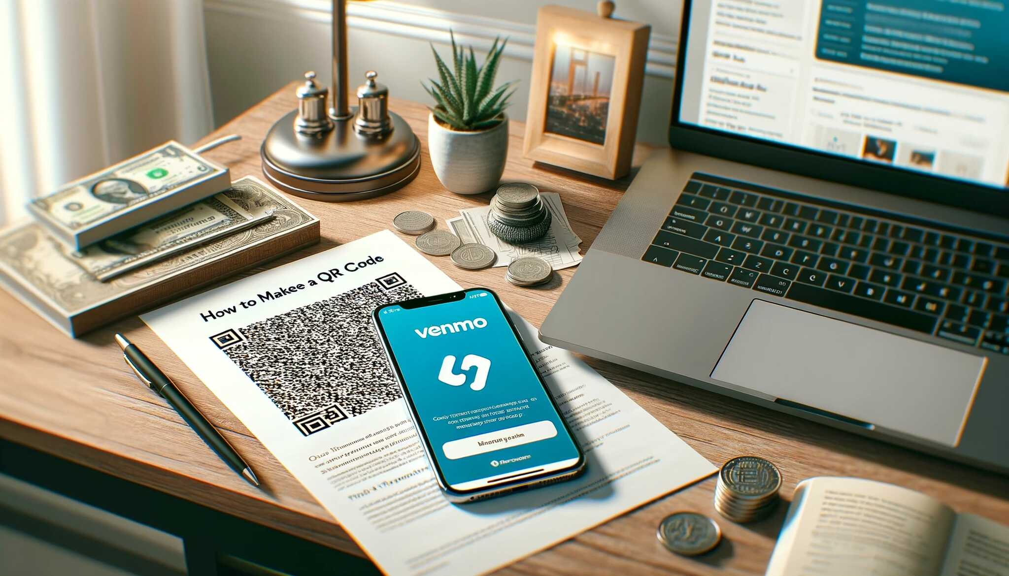 Smartphone showing Venmo app next to a printed Venmo QR code
