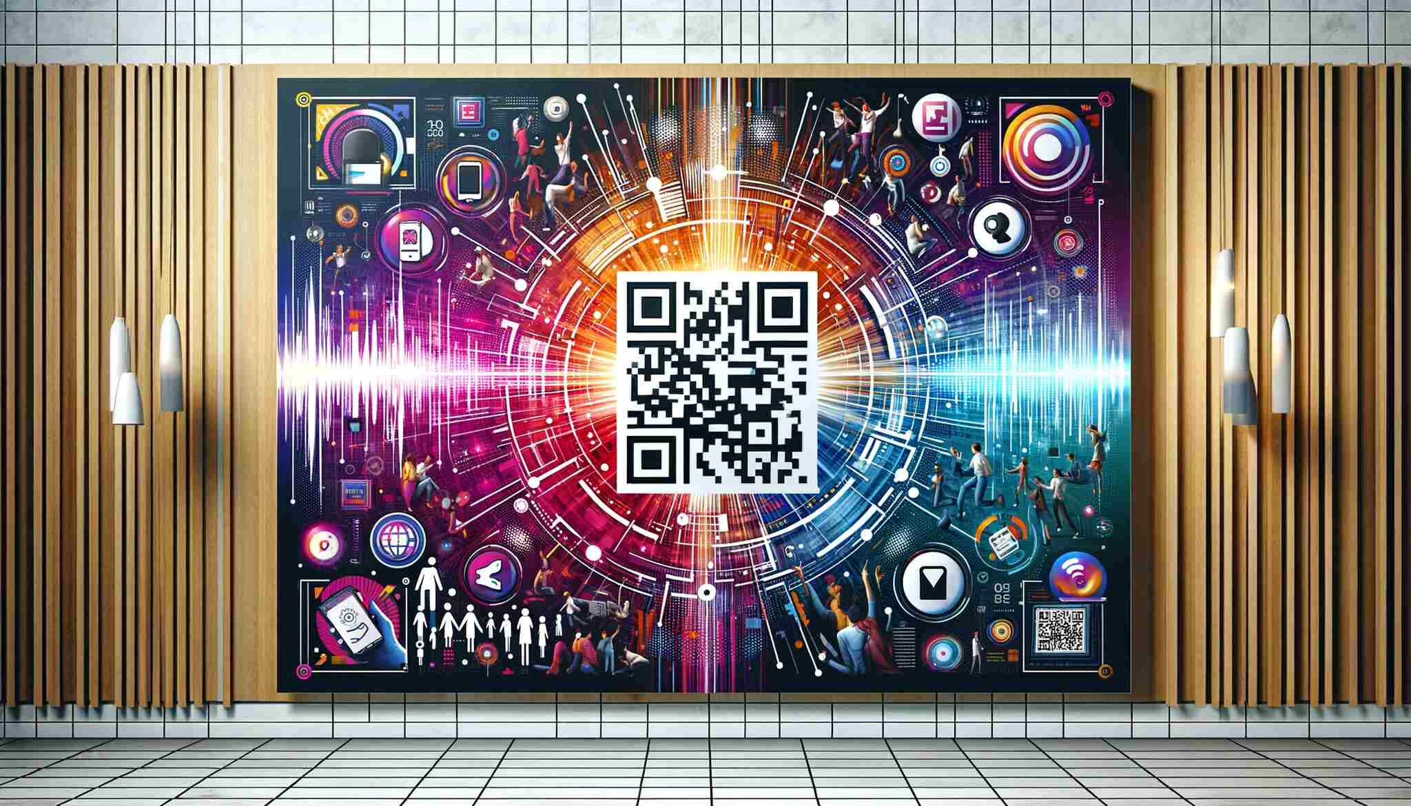 A large poster displaying a QR code on colorful illustrations