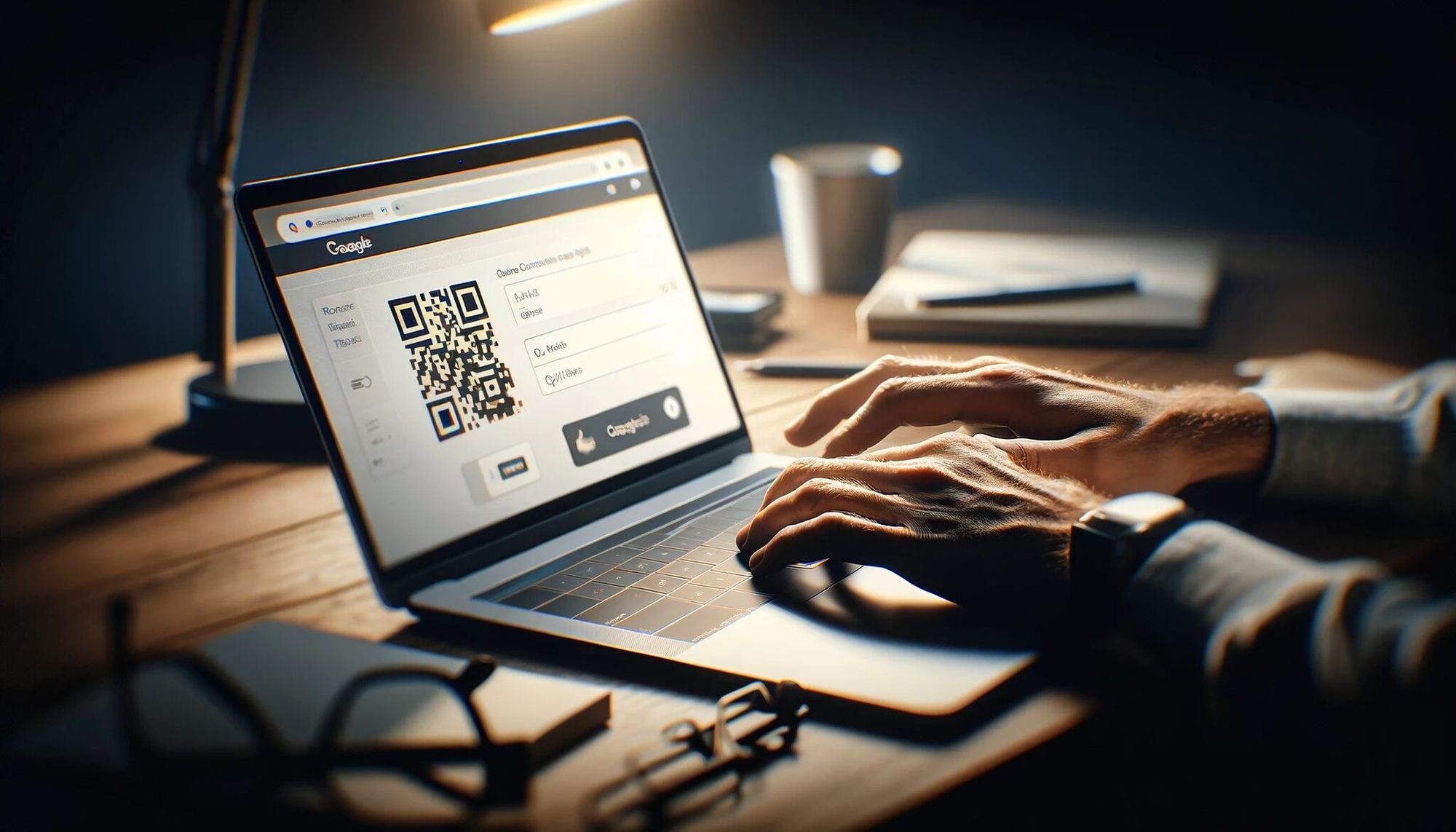 A man typing and a laptop screen showing a QR code