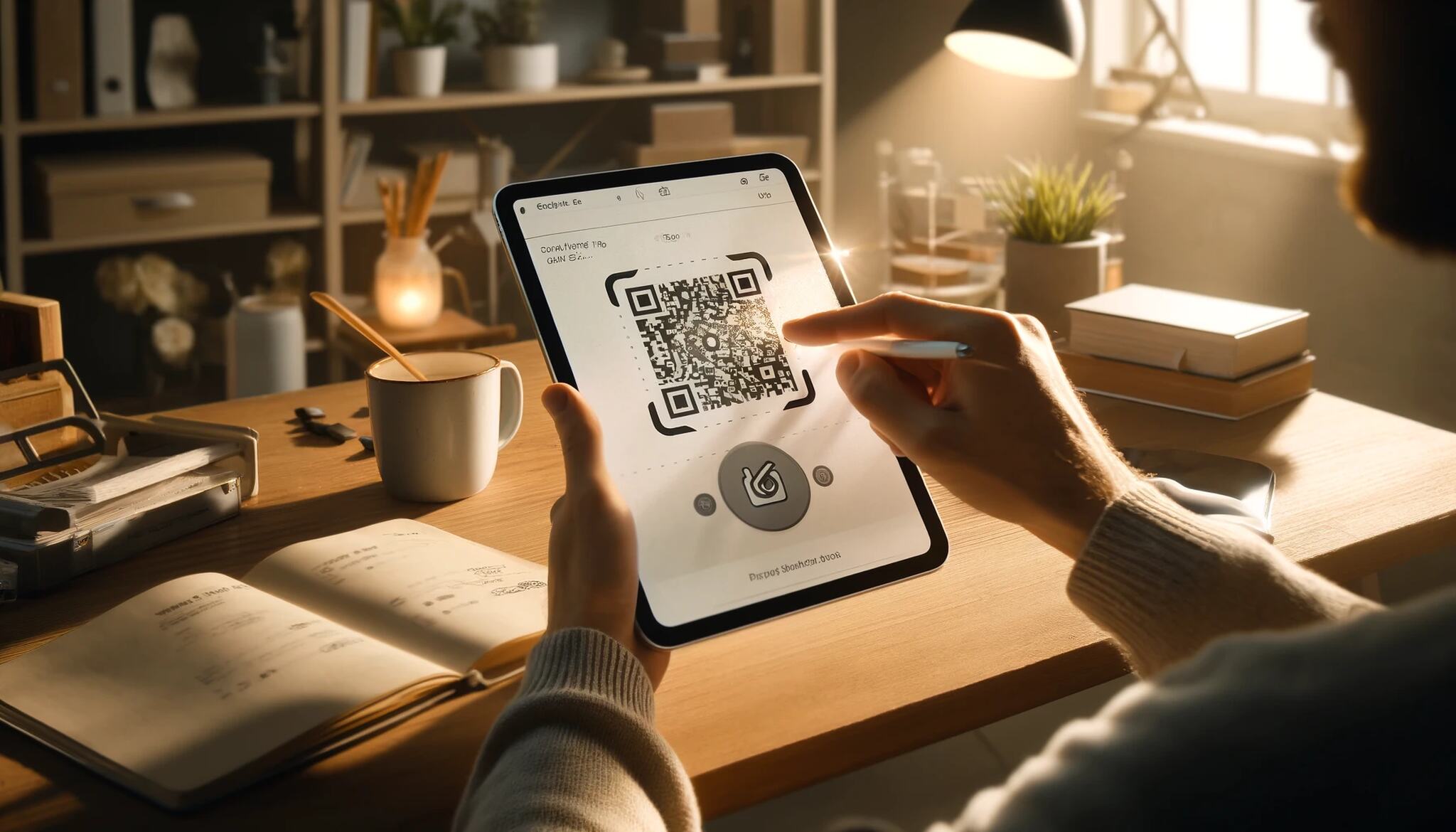 a man using an iPad to scan a QR code on a wooden desk