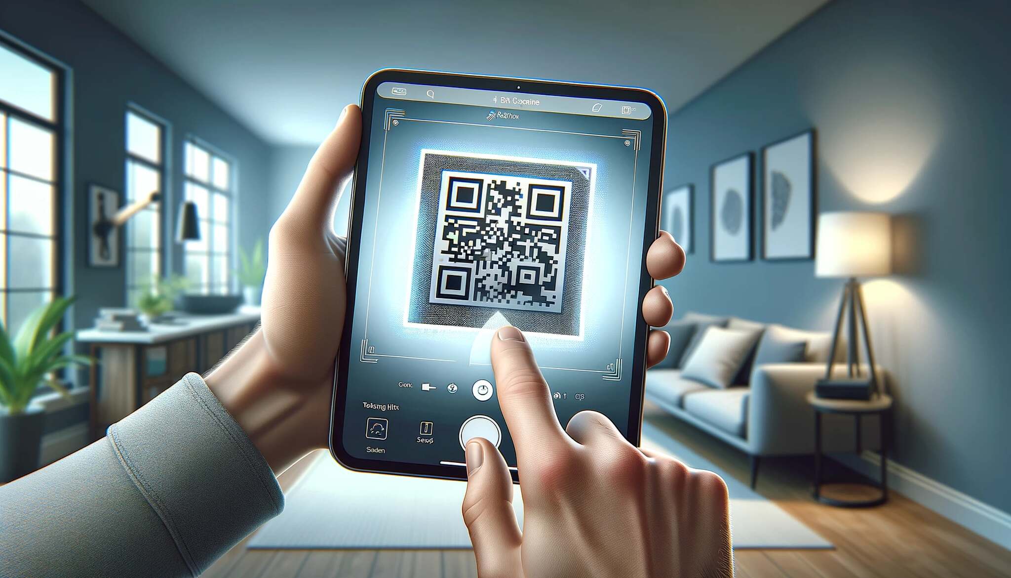 A person holding an iPad that shows a QR code