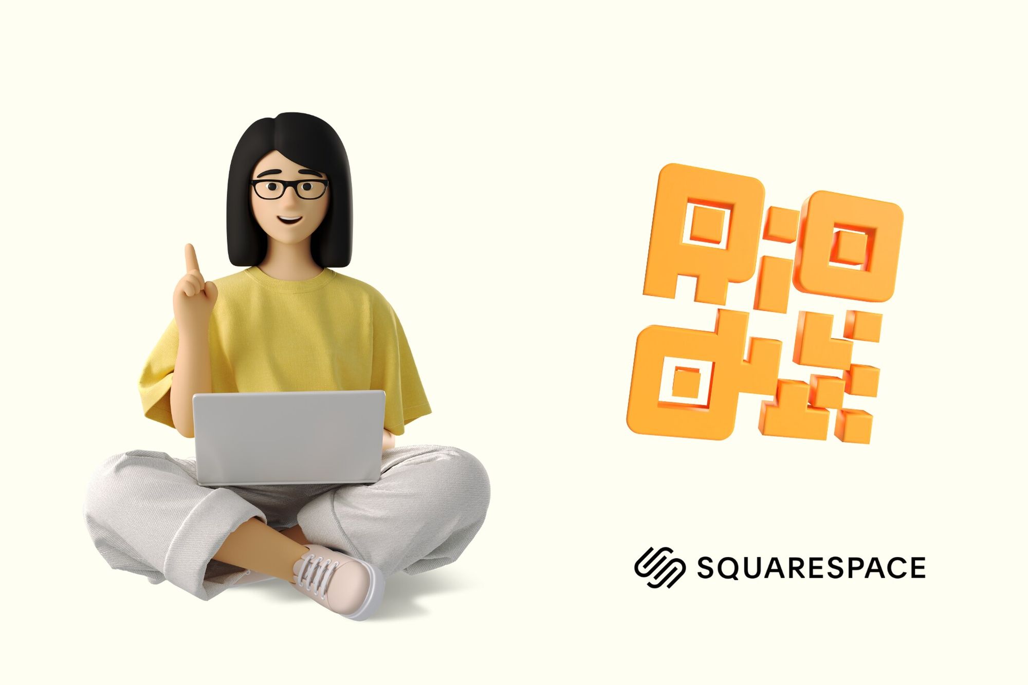 an illustration of a woman using a laptop and QR code and Squarespace logo next to her