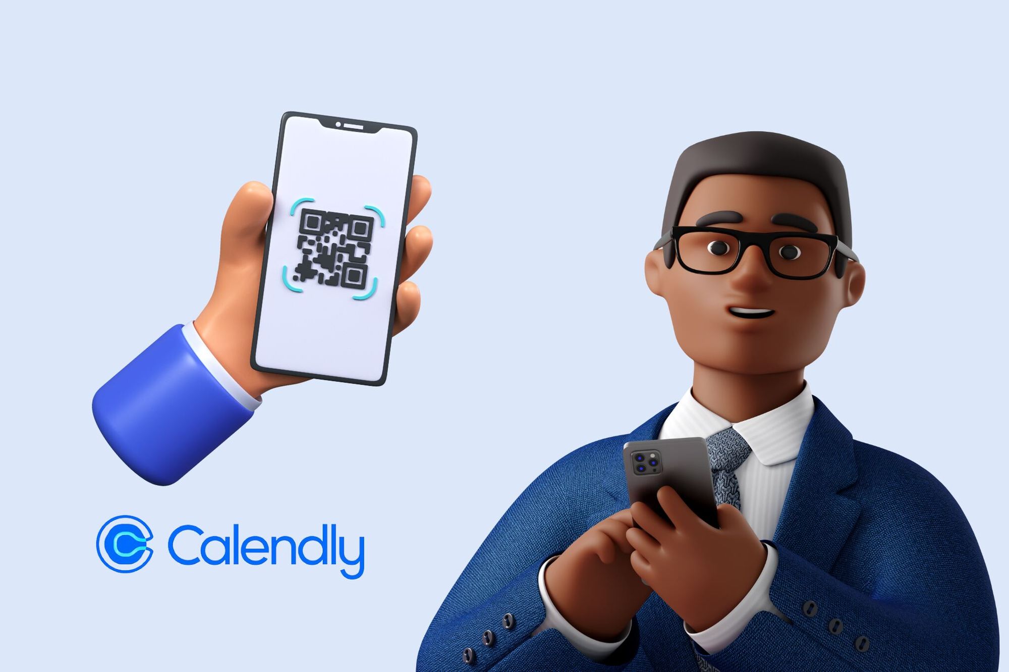 an illustration of a phone with a QR code, Calendly logo and a man holding a phone