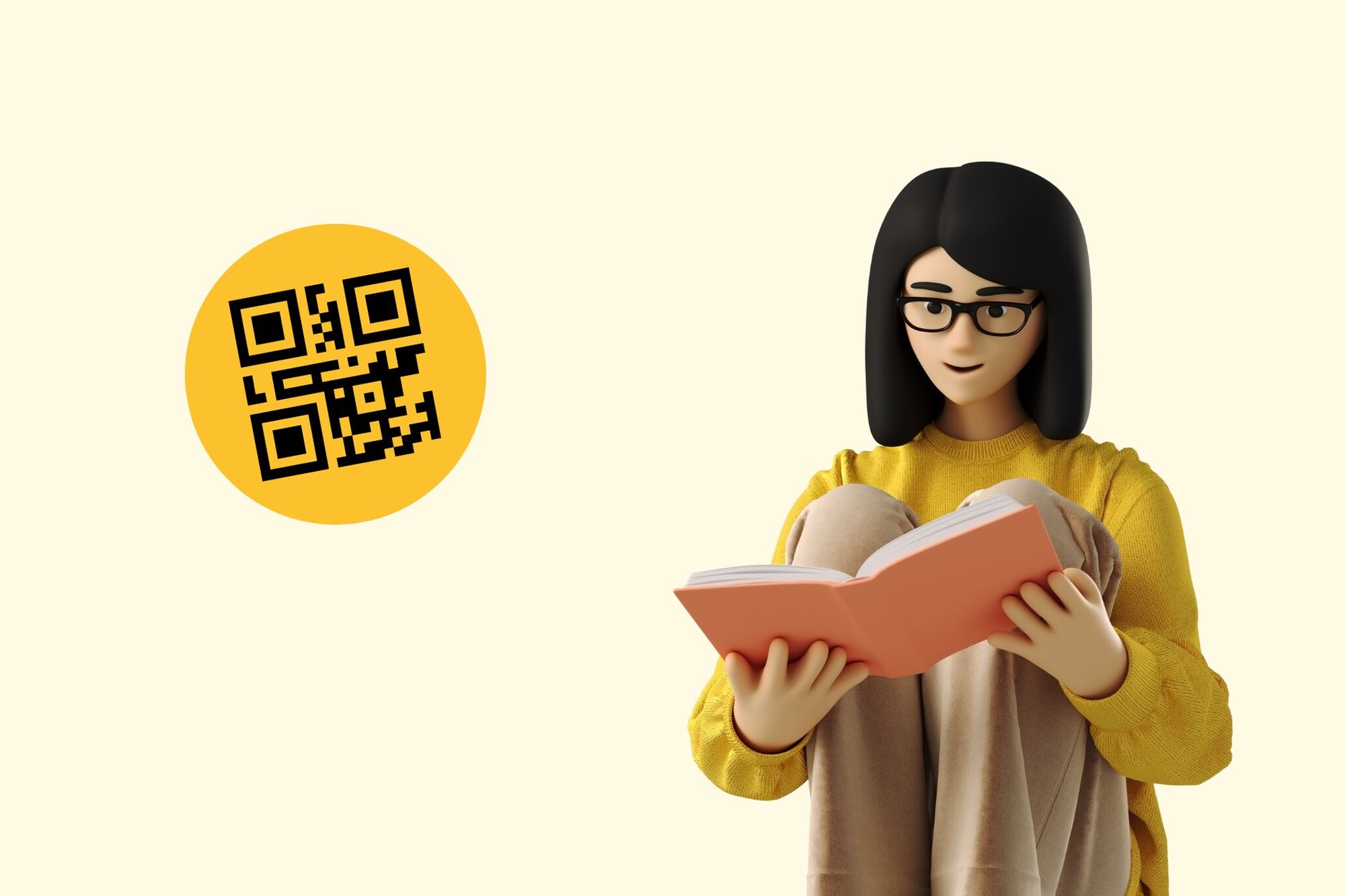 an illustration of a QR code and a woman reading a book