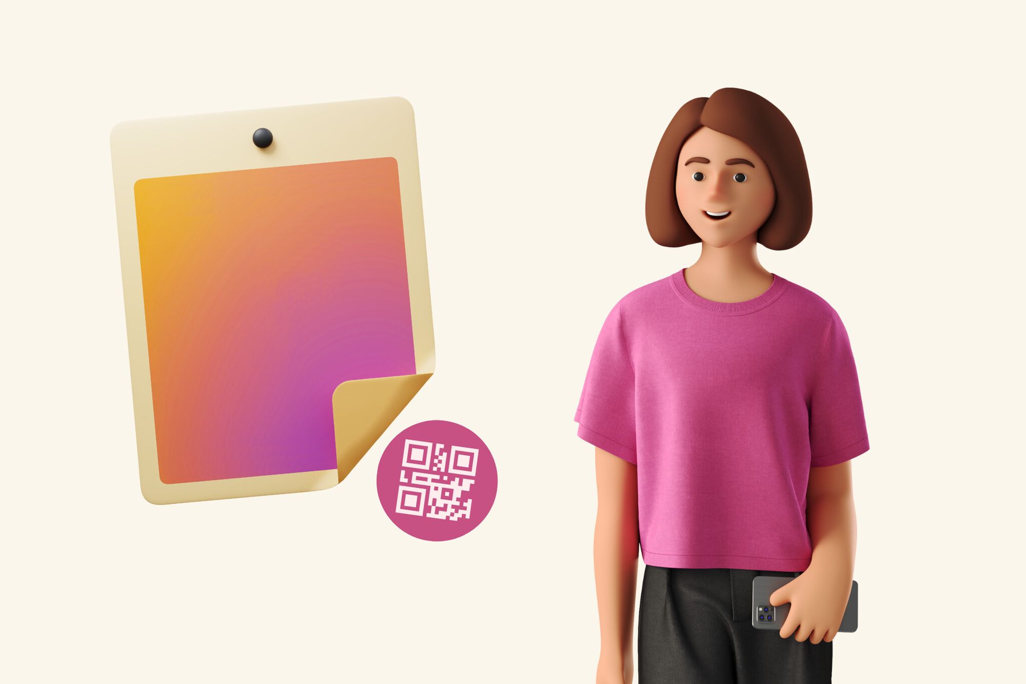 an illustration of a QR code, poster and a woman smiling