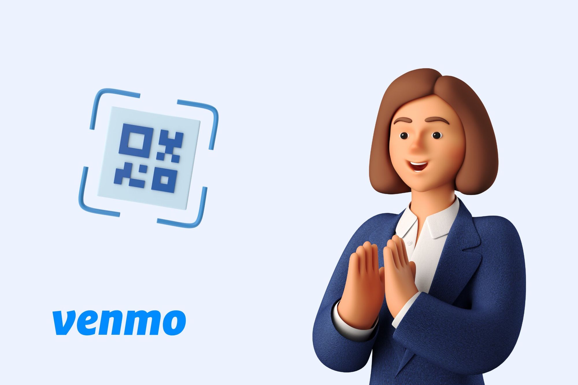 an illustration of a QR code, woman smiling and clapping and a Venmologo