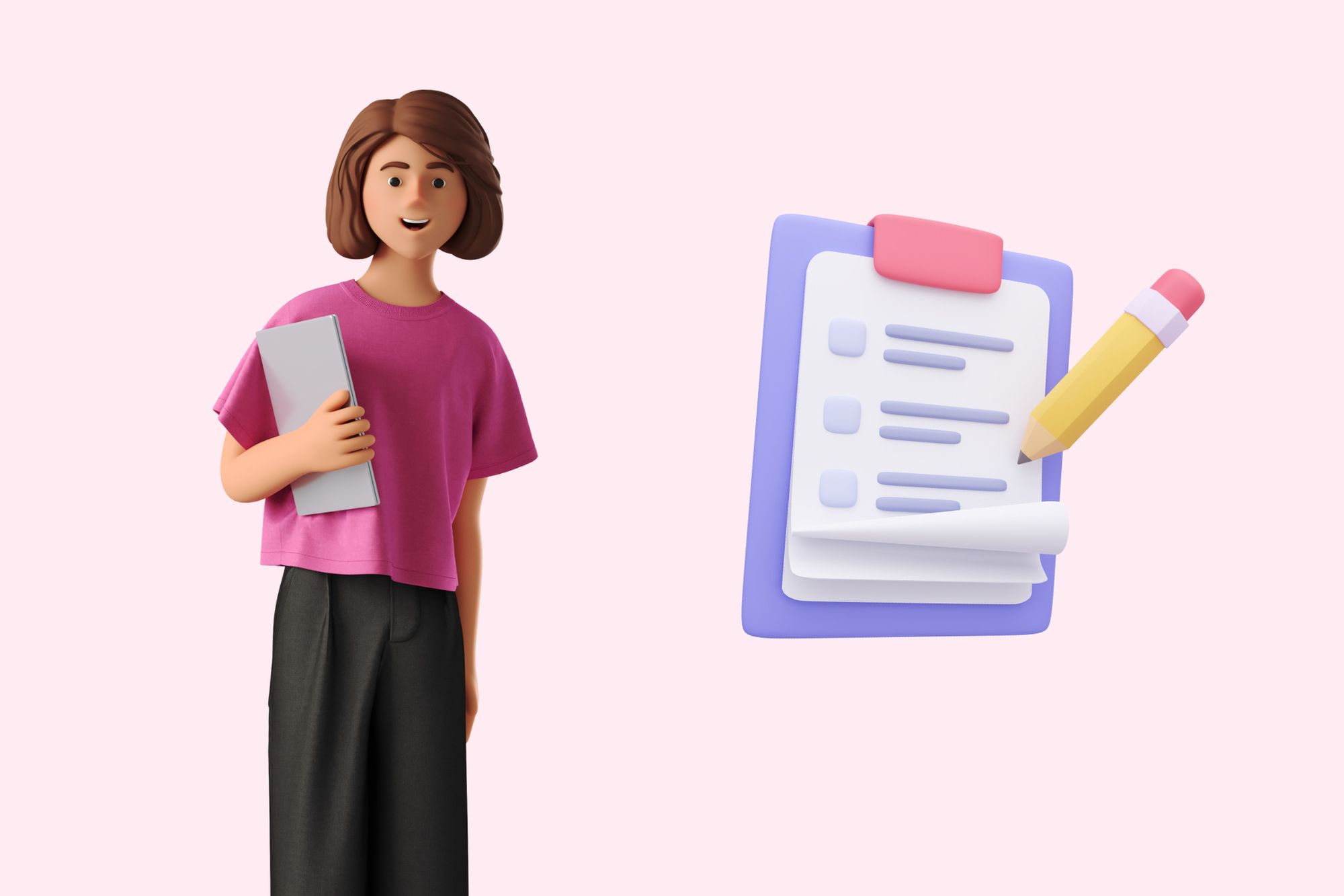 A woman smiling and a form next to her