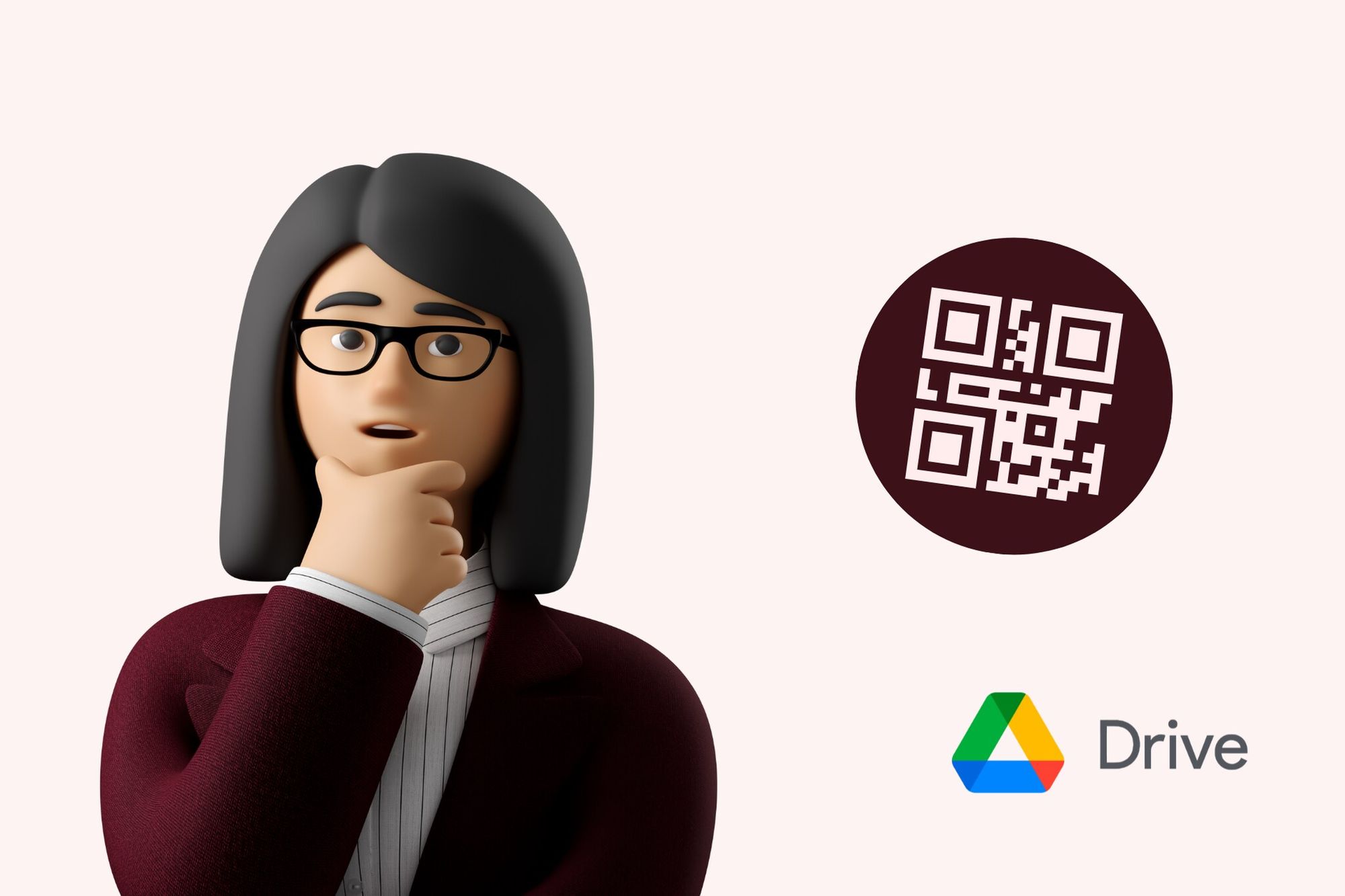 an illustration of a woman thinking, QR code and Google Drive logo