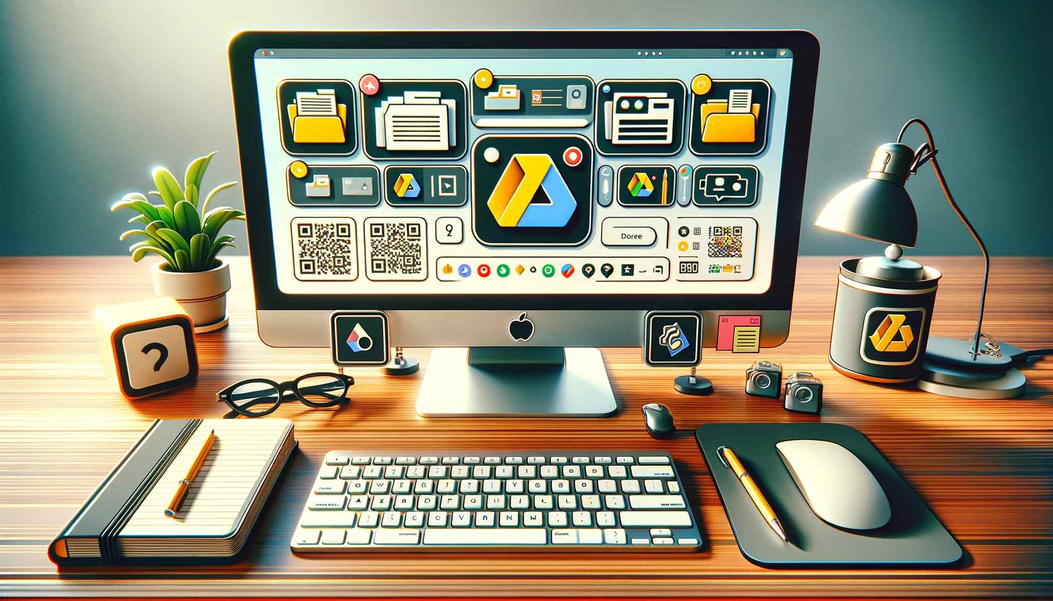 An illustration of a workspace with a computer screen showing Google Drive folders and QR code